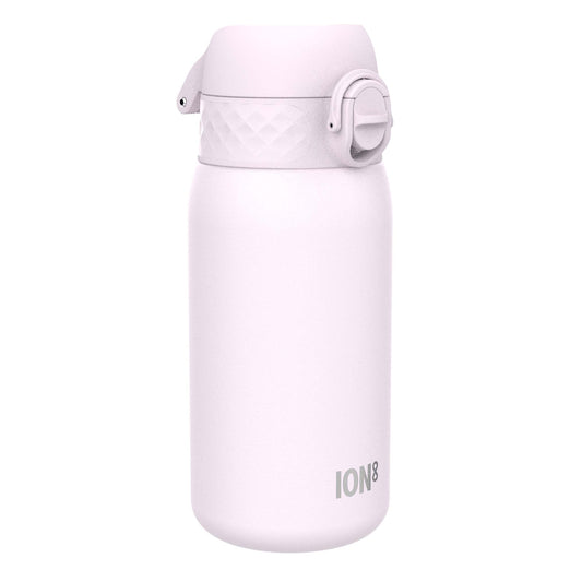 A light-pink water bottle sits on a white background. The bottle has a textured lid and a hinged carrying loop. The brand "ION8" is subtly printed near the base.