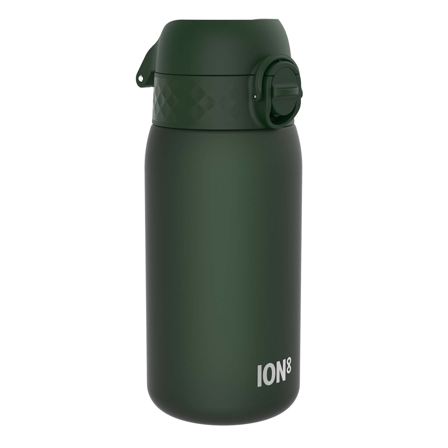 A dark-green ION8 water bottle sits upright against a white background. The bottle features a hinged lid with a rotating closure.