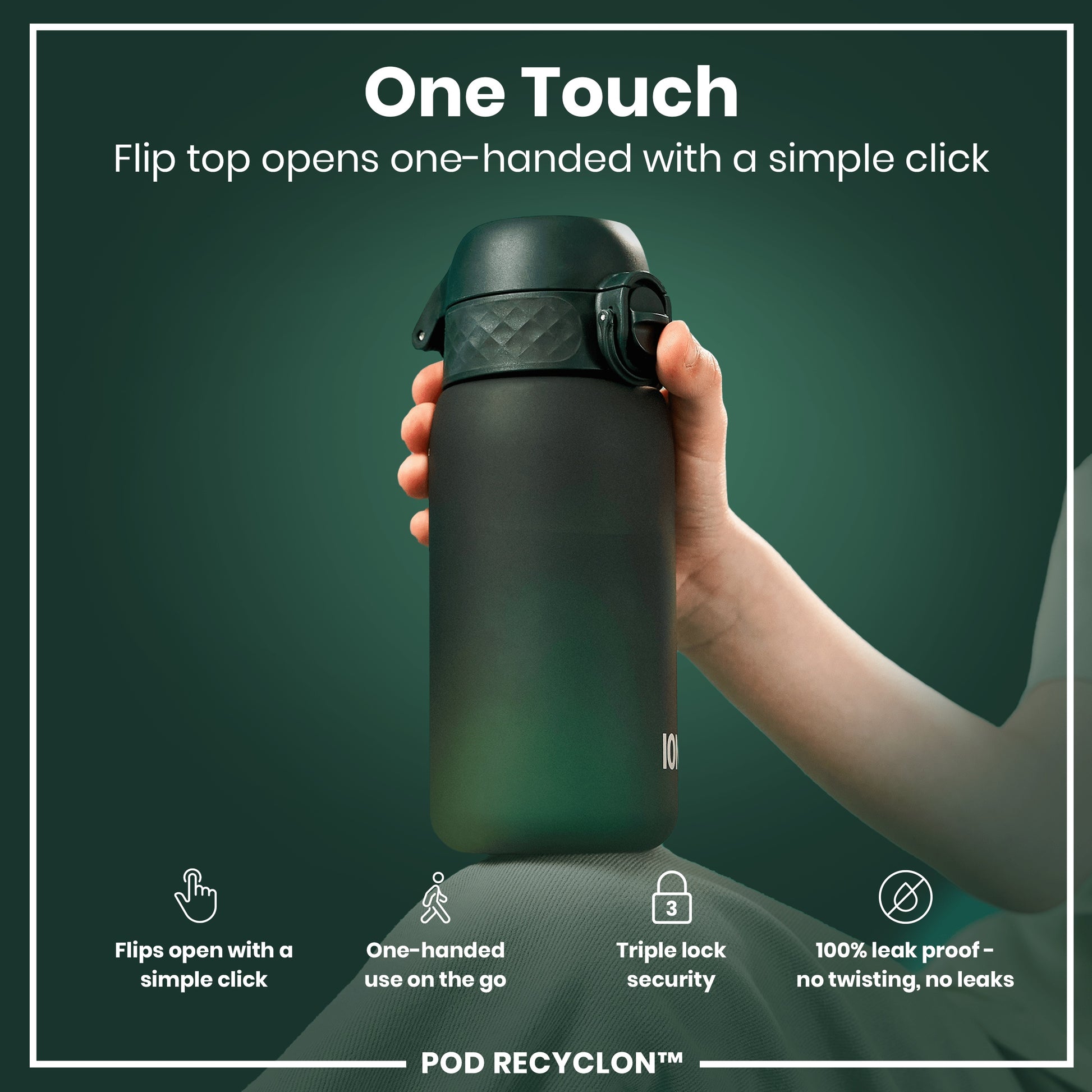 A dark-green water bottle is held; its flip top opens one-handed. The bottle features a triple lock security and is 100% leak-proof. The context is a green background with product details.
