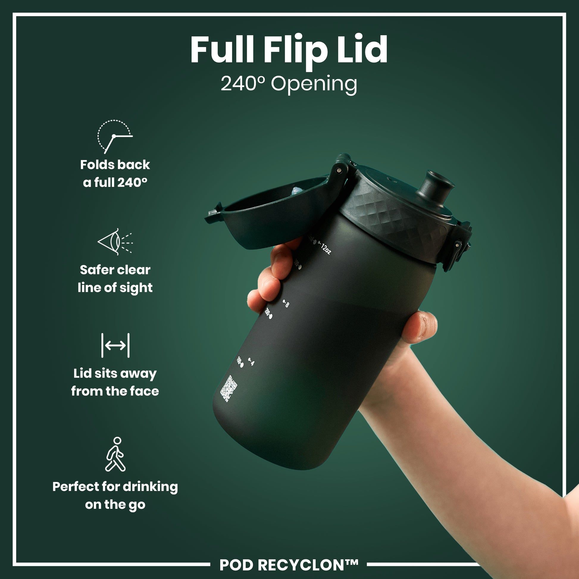 A black water bottle, with its flip lid open, is held by a hand against a dark green background. Full Flip Lid, 240° Opening; POD RECYCLON™.