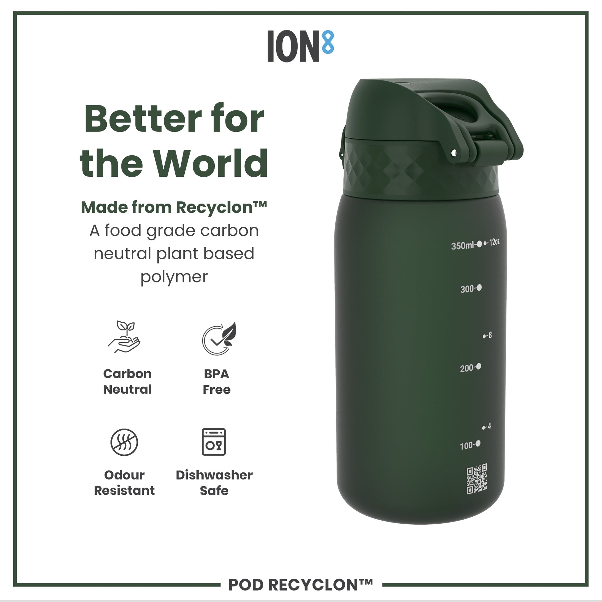 A dark-green water bottle sits against a white background; it's made from a plant-based polymer, is BPA-free, dishwasher-safe, and carbon-neutral.
