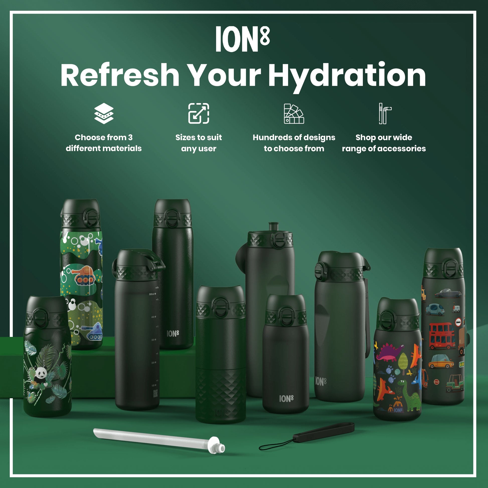 Various ION8 water bottles, displaying different sizes and designs, are arranged on a green surface. Accessories are also shown. Refresh Your Hydration.