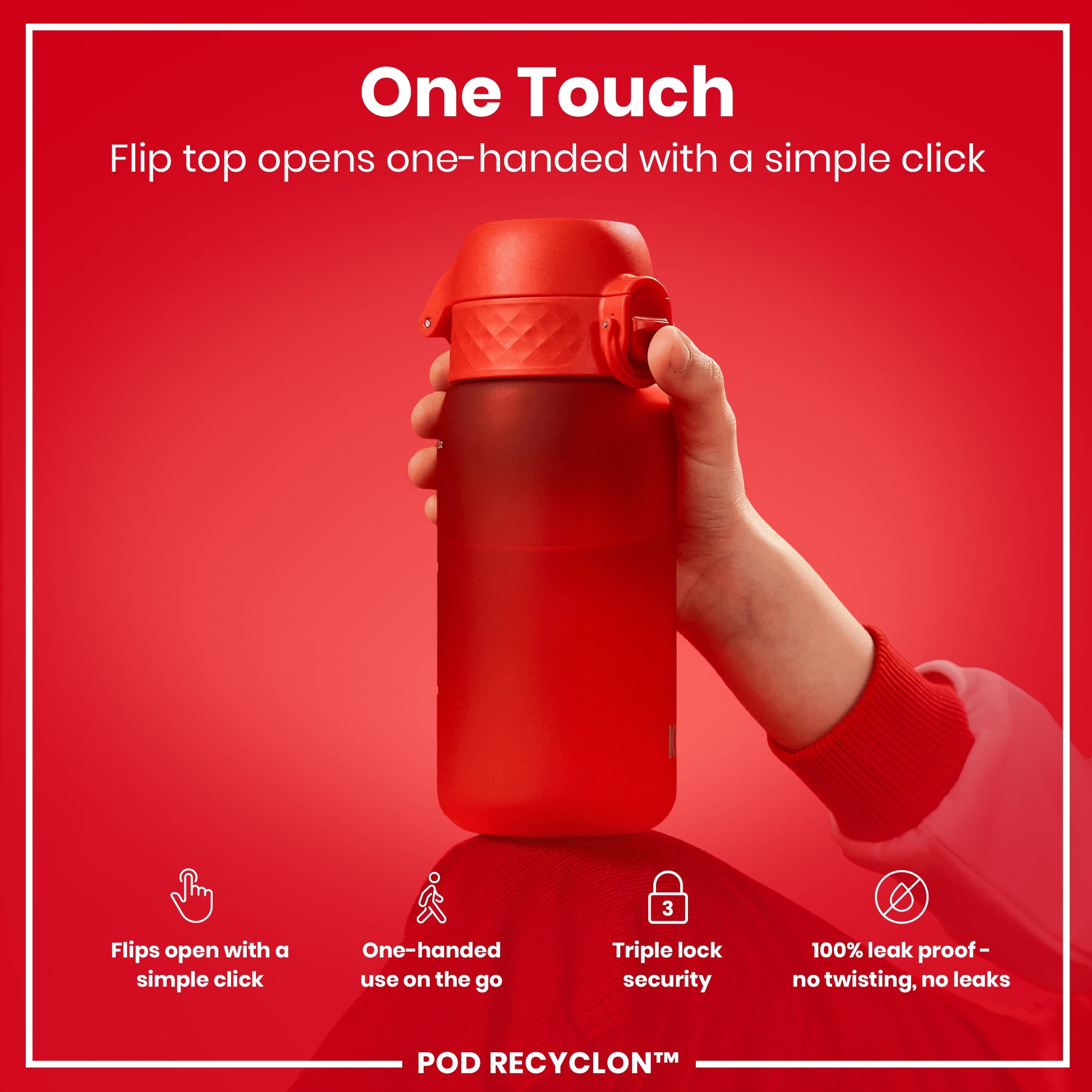 A red water bottle is being held. Its flip top opens one-handed with a click. The background is red. POD RECYCLON™ is displayed at the bottom.
