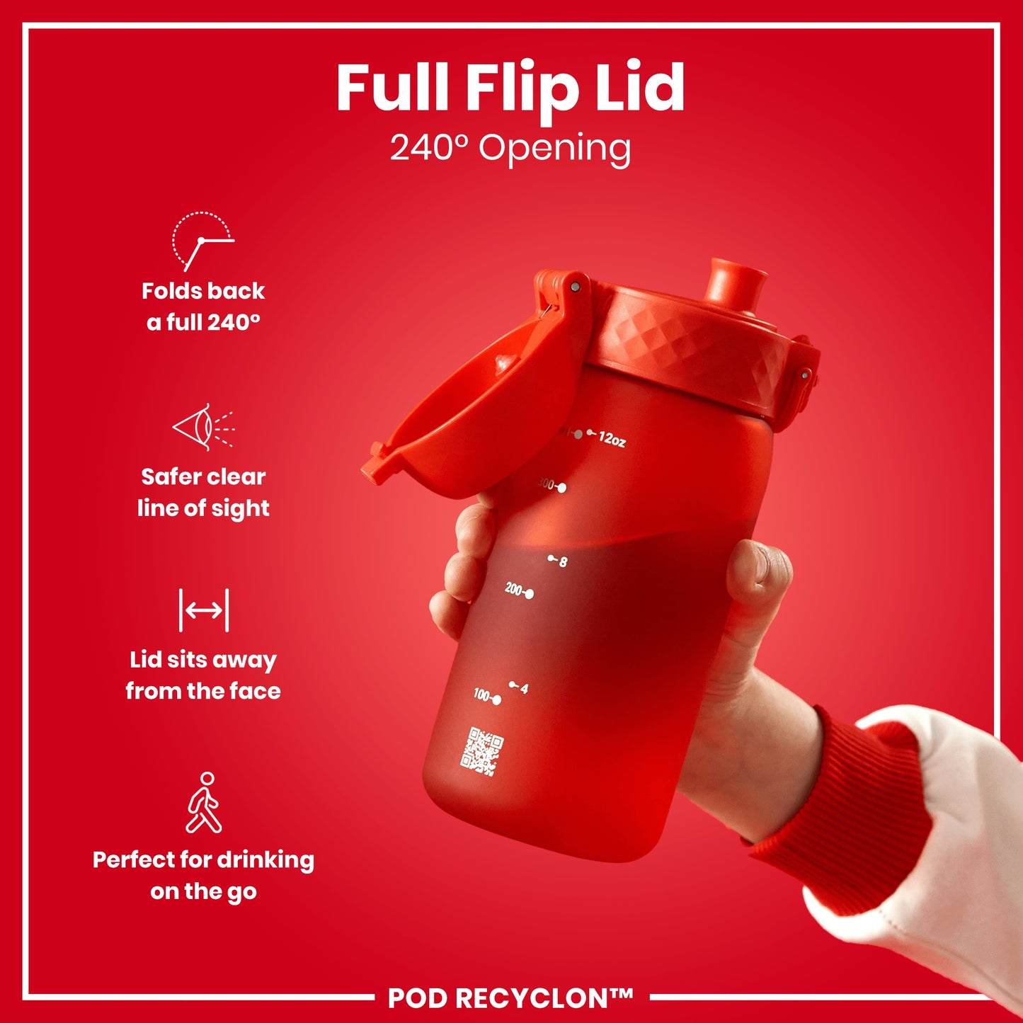 A red water bottle with a 240° flip lid is held by a hand. The lid folds back completely, away from the face. The bottle is shown against a red background. "POD RECYCLON™" is visible.