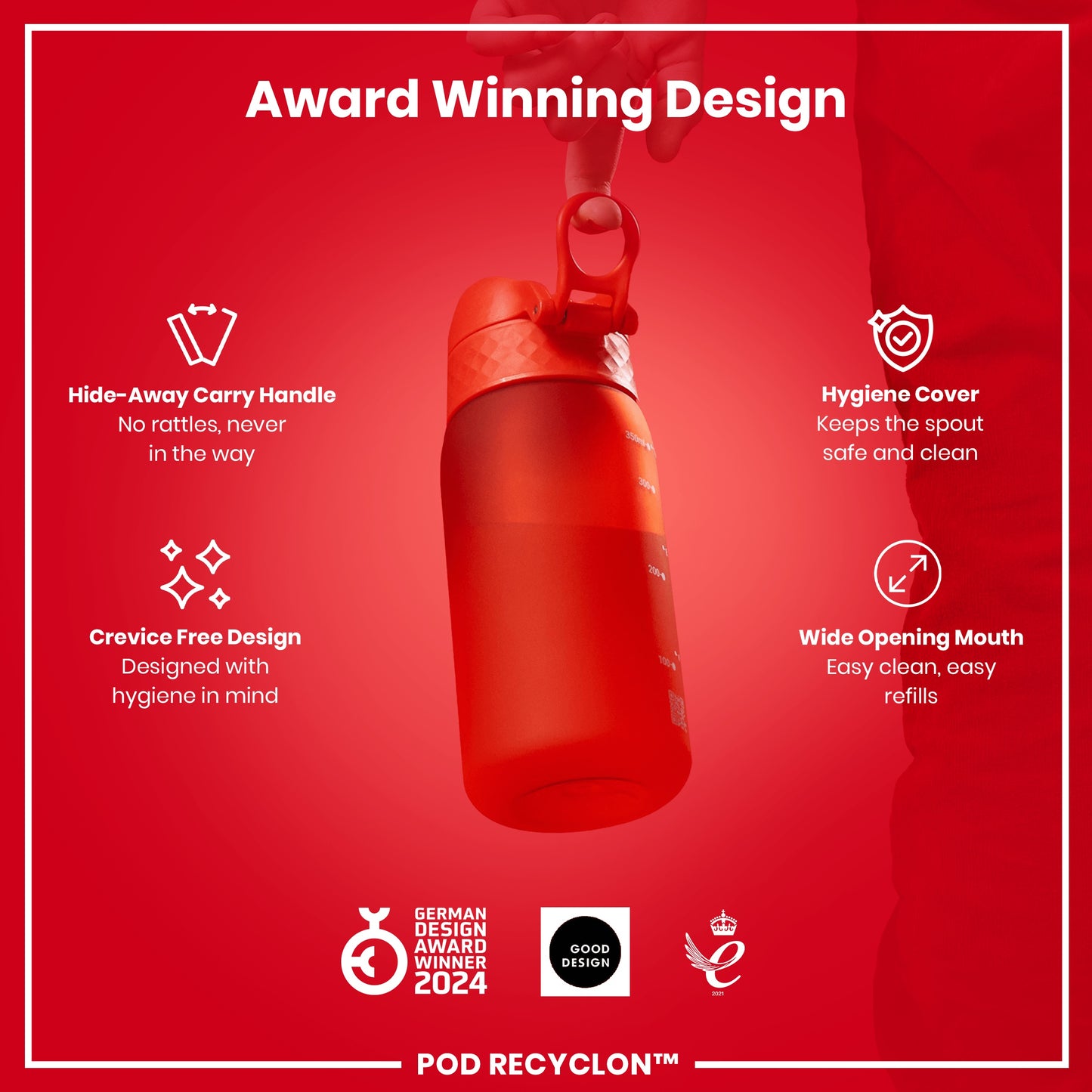 A red water bottle is being held. It features a hide-away handle, crevice-free design, hygiene cover, and wide mouth. The bottle is an award-winning design.