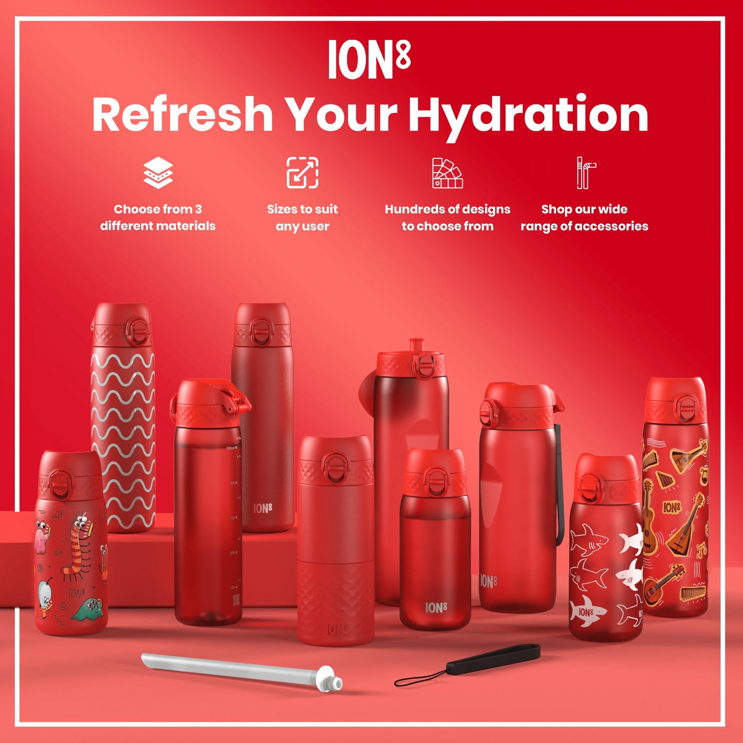 Several red water bottles, varying in size and design, are displayed on a red surface. The bottles are arranged in a group, showcasing a variety of styles and sizes. A promotional graphic shows multiple customization options.