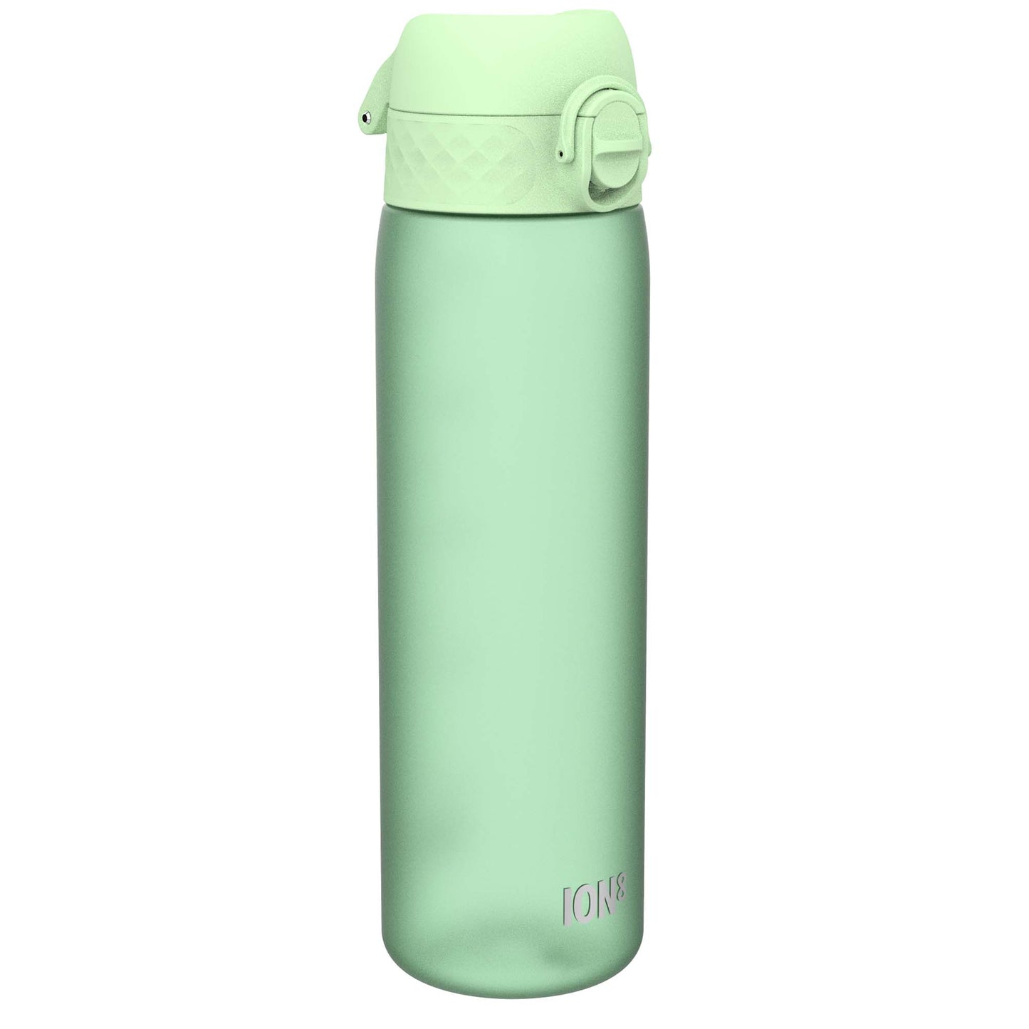 A light green water bottle stands upright against a white background. ION8 is subtly printed near the base.