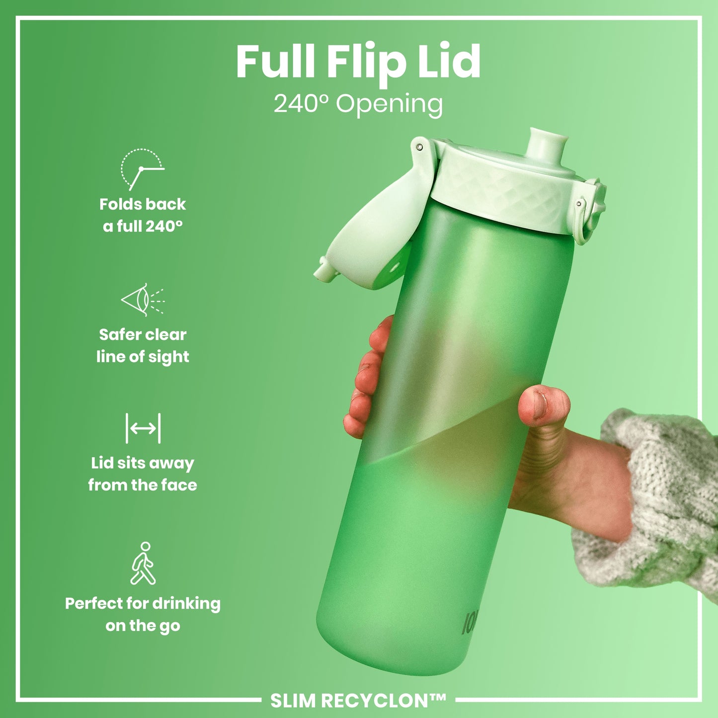 A green water bottle, held by a hand, features a 240° opening flip lid. The bottle is advertised as ideal for on-the-go drinking, with a lid design that sits away from the face. The bottle is labeled "SLIM RECYCLON™".
