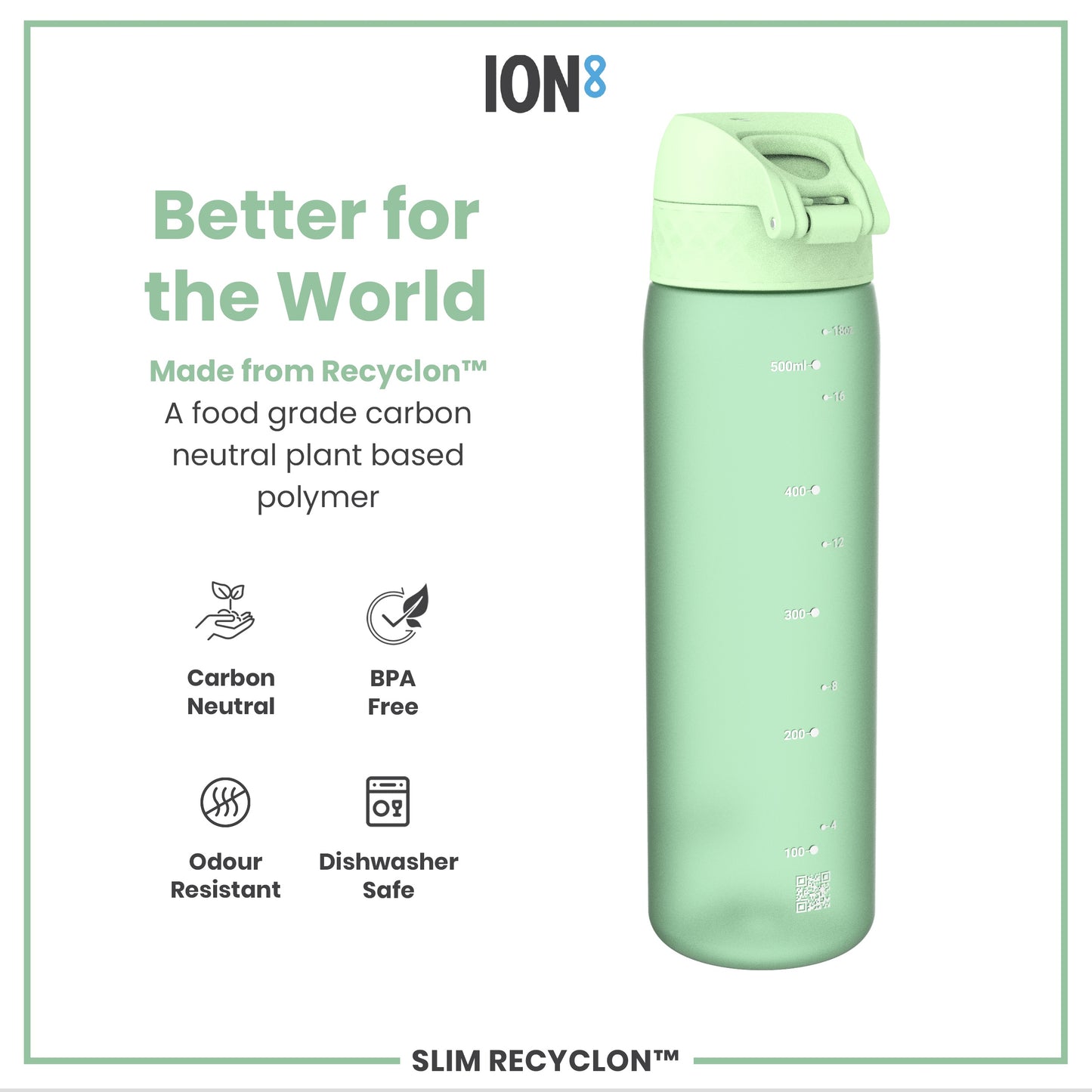 A light green water bottle sits against a white background. It is made from a plant-based polymer and features volume markings. The bottle is advertised as carbon neutral, BPA free, odour resistant, and dishwasher safe.