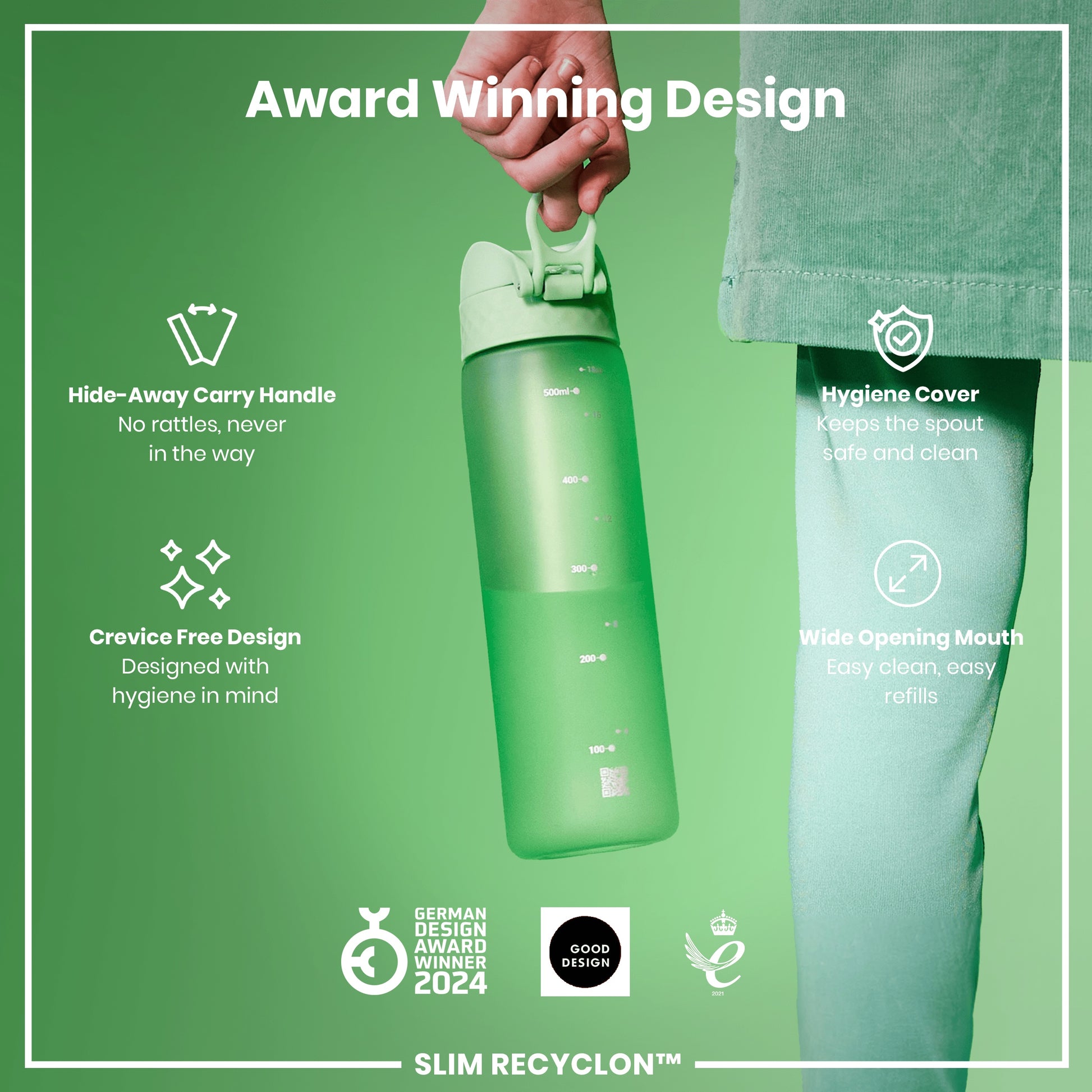 A light-green water bottle is being held; it has a carry handle, hygiene cover, and wide mouth. The bottle is showcased against a similarly colored background, highlighting its design features and awards. GERMAN DESIGN AWARD WINNER 2024; GOOD DESIGN; 2021.