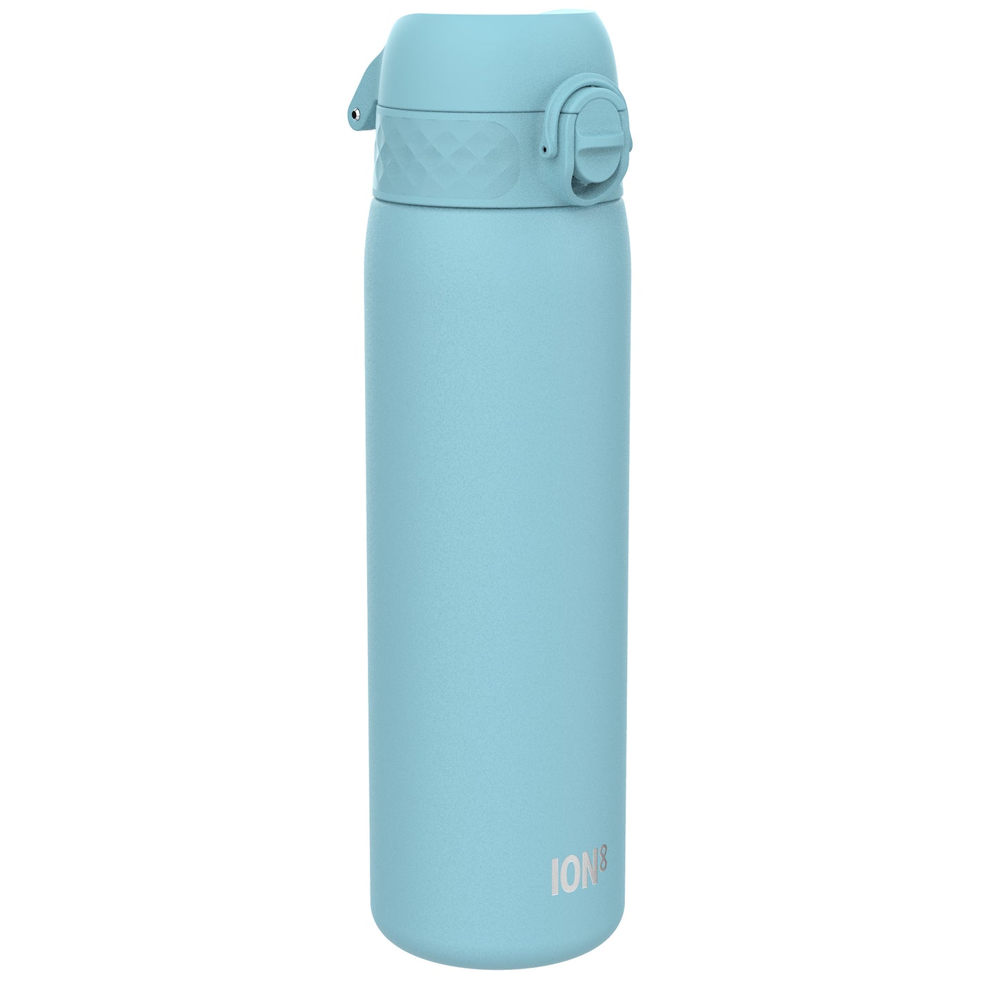 A light-blue water bottle stands upright against a white background. The bottle has a hinged lid and the word "ION8" is subtly printed near the base.