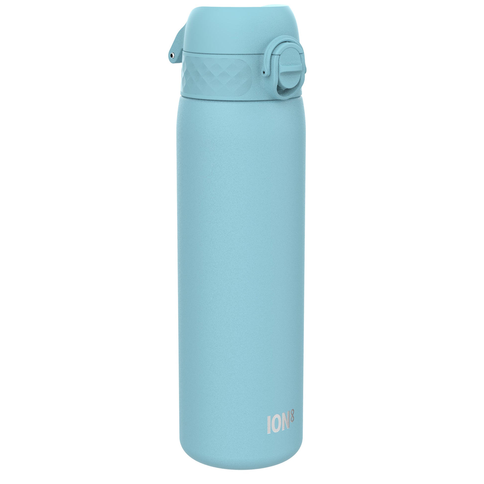 A light-blue water bottle stands upright against a white background. The bottle has a hinged lid and the word "ION8" is subtly printed near the base.