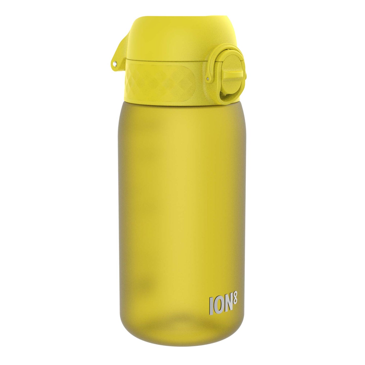 A yellow ION8 water bottle sits on a white background. The bottle has a flip top lid.
