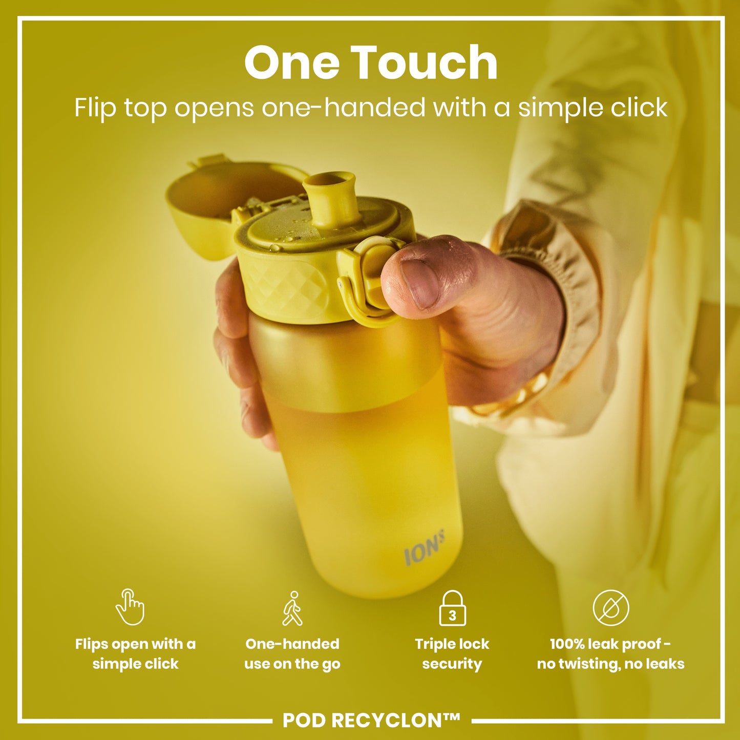 A yellow water bottle is being held; its flip top opens with a single click. The background is a matching yellow. The bottle features one-handed use, triple lock security, and a leak-proof design. POD RECYCLON™ is also labeled on the bottle.