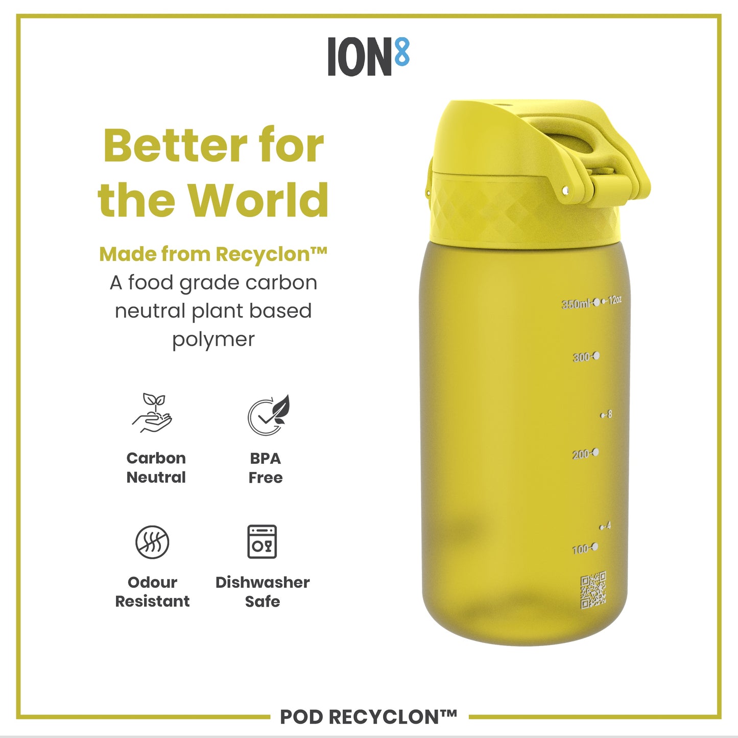 A yellow water bottle sits against a white background; it is made from a plant-based polymer and features measurement markings and a QR code. The bottle is advertised as carbon neutral, BPA free, odour resistant and dishwasher safe.