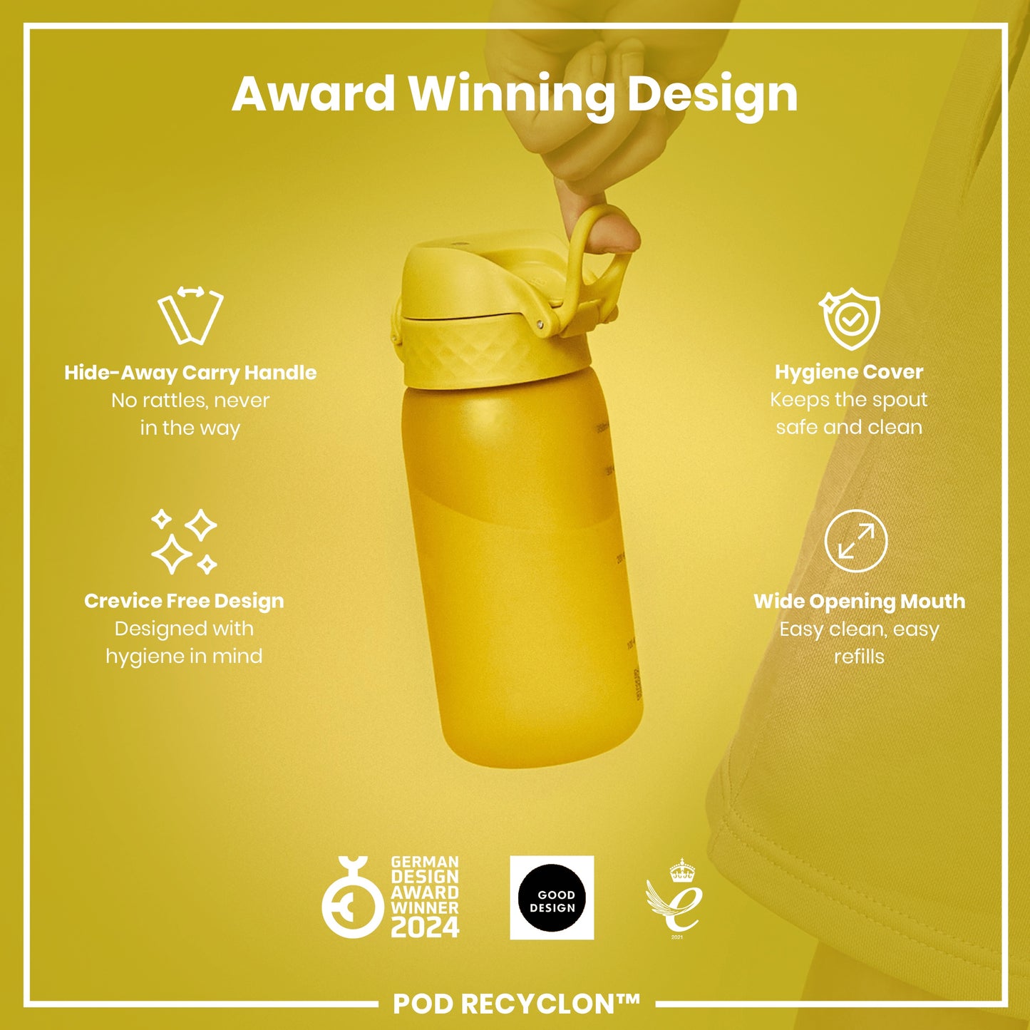 A yellow water bottle is being held; its features include a hide-away handle, crevice-free design, hygiene cover, and wide mouth. Award-winning design, 2024.