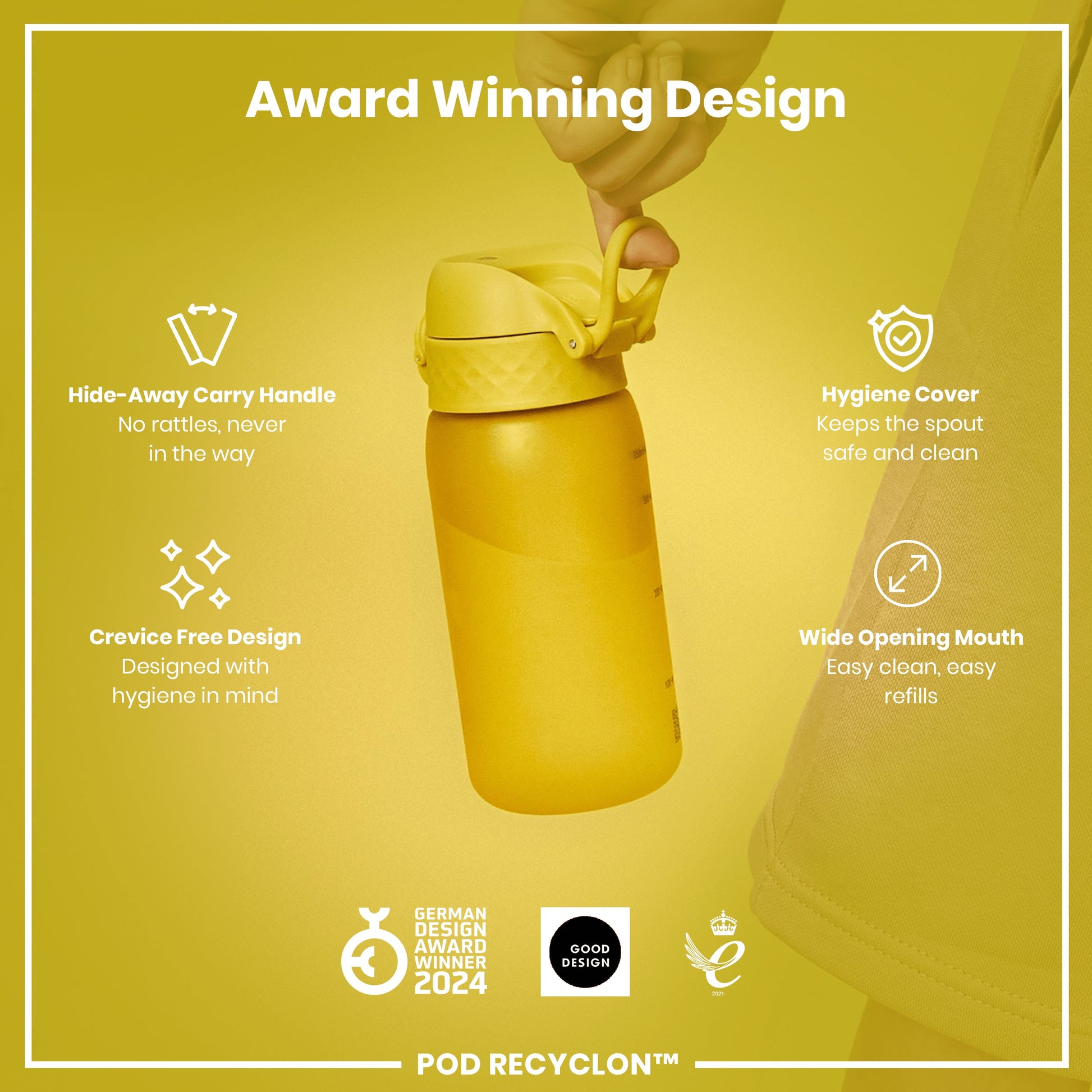 A yellow water bottle is being held; its features include a hide-away handle, crevice-free design, hygiene cover, and wide mouth. Award-winning design, 2024.