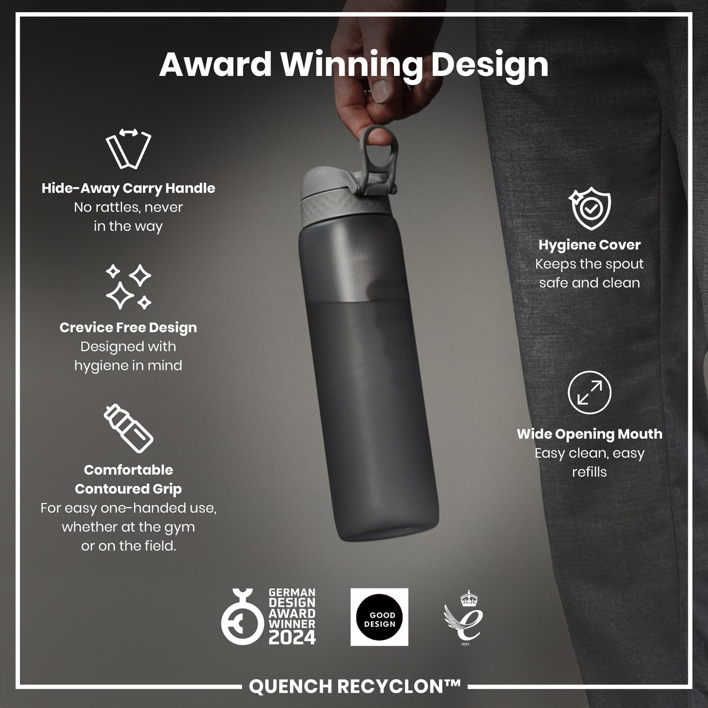 A dark-grey water bottle is being held; its features are highlighted, including a hide-away handle, crevice-free design, contoured grip, hygiene cover, and wide mouth. The bottle is award-winning.
