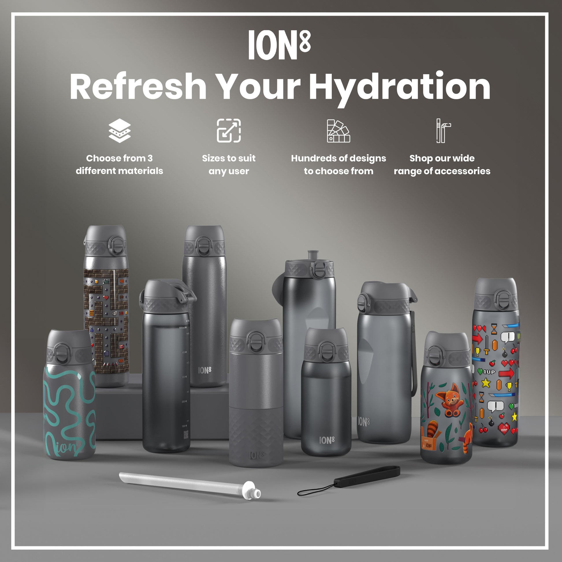 Several ION8 water bottles, various sizes and designs, are displayed on a grey surface; marketing materials highlight material choices, sizing, designs, and accessories.