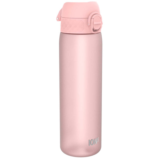 A pink water bottle stands upright against a white background. The bottle has a pink lid and the word "ION8" is printed on its side.
