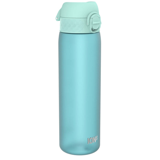 A light teal water bottle, with a light teal screw-on lid, sits against a white background. ION8 is printed on the bottle.
