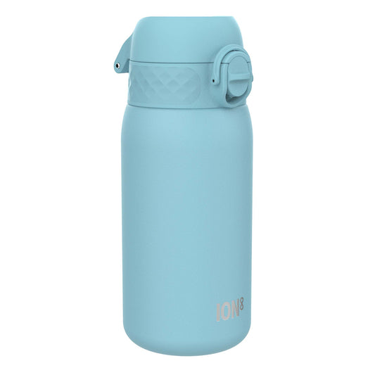 A light-blue water bottle stands upright against a white background. The bottle features a carrying handle and the logo "ION8".