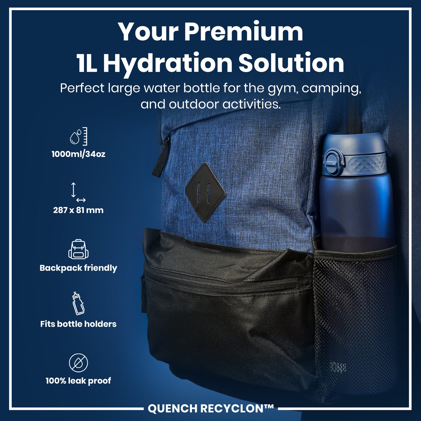 A large, blue water bottle is nestled in a backpack's side pocket. The bottle is 1000ml/34oz, 287x81mm, backpack-friendly, fits bottle holders, and is leak-proof. The backpack is blue and black. The product is called "QUENCH RECYCLON™".
