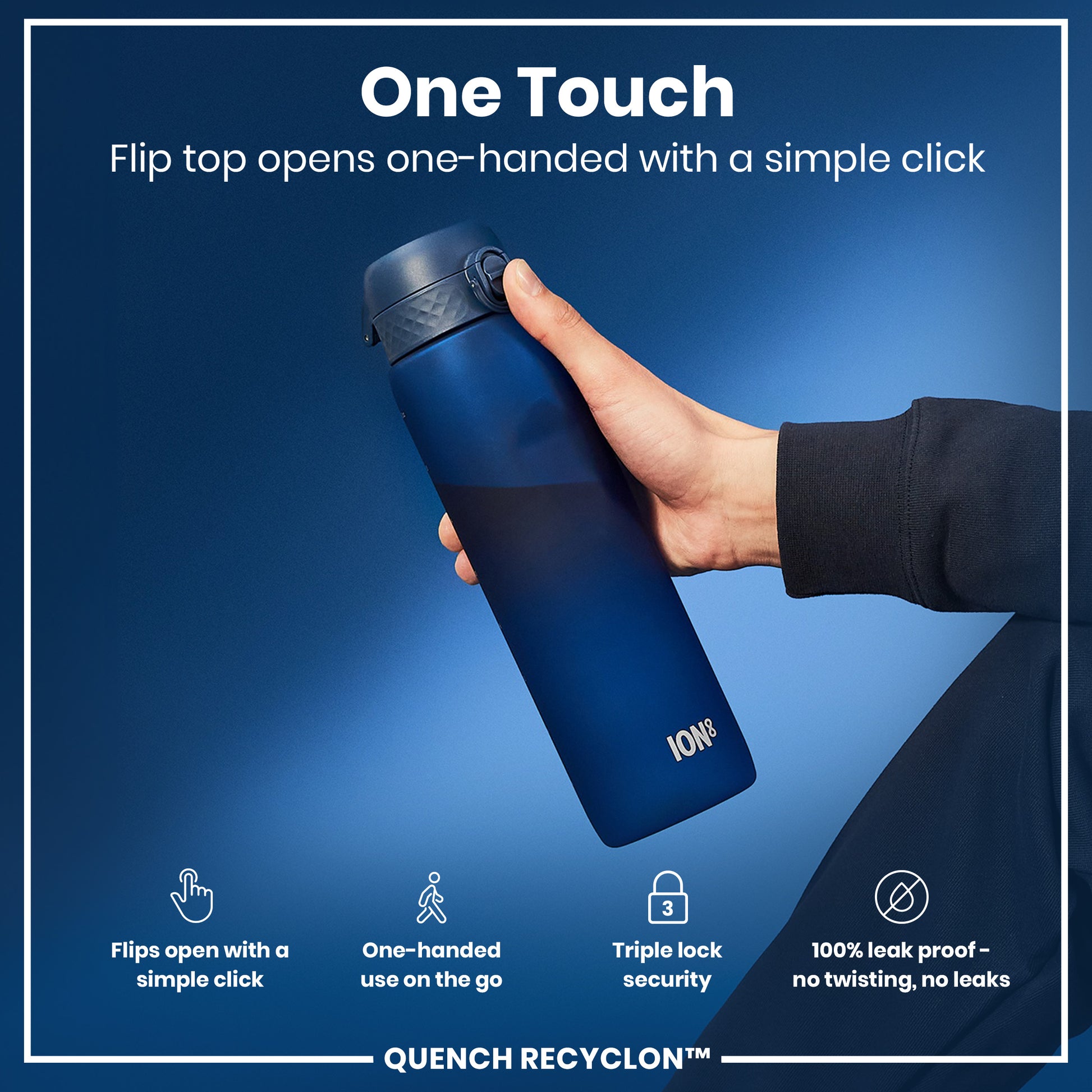 A blue ION8 water bottle is being held; its flip top opens one-handed. The bottle is shown against a dark blue background; text highlights its features.