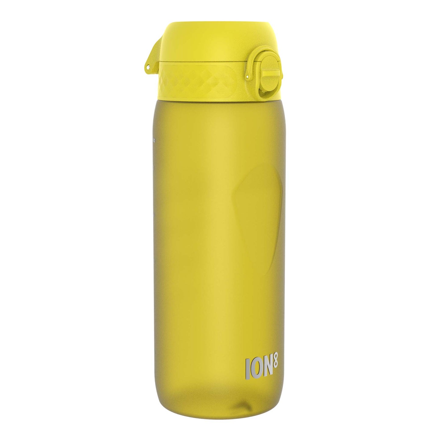 A yellow water bottle stands against a white background. The bottle has a flip-top lid and the brand name "ION8" is printed near the bottom.