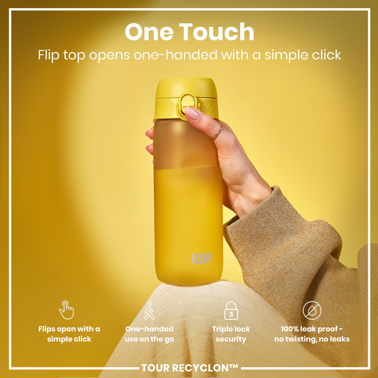 A yellow water bottle is being held; its flip top opens with a single click. It features one-handed operation, triple-lock security, and is 100% leakproof. The bottle is shown against a yellow background.