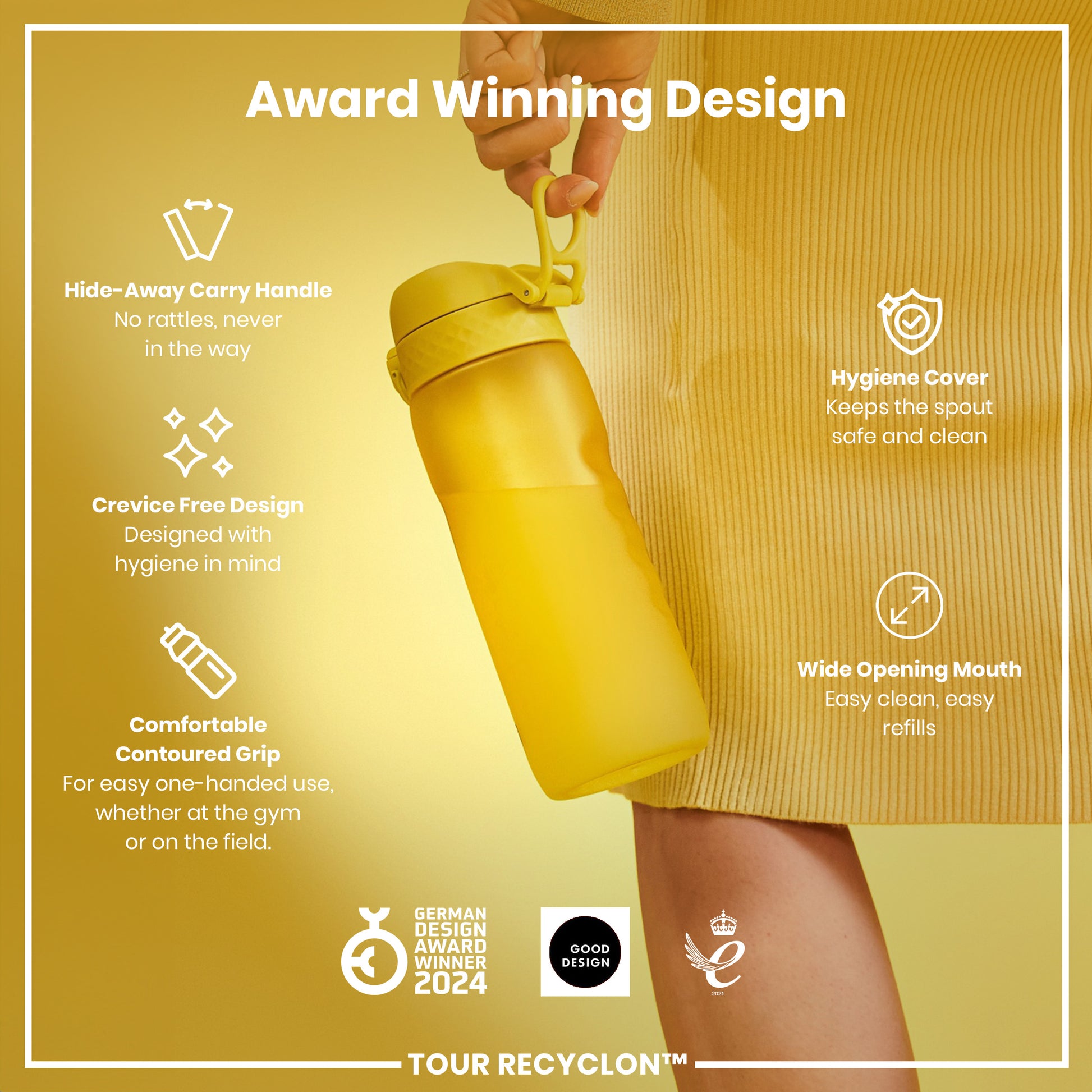 A yellow water bottle is being held; it features a hide-away handle, crevice-free design, contoured grip, hygiene cover, and wide opening mouth. The bottle is an award-winning design.