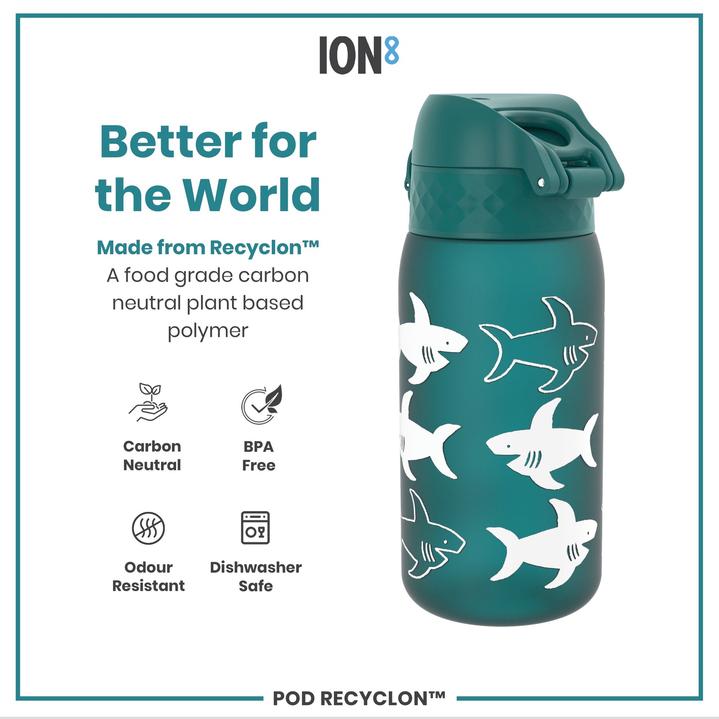A teal water bottle, featuring a hinged lid and shark illustrations, sits against a white background. It's made from a plant-based polymer, is BPA-free, odour-resistant, and dishwasher safe. The bottle is advertised as "Better for the World."