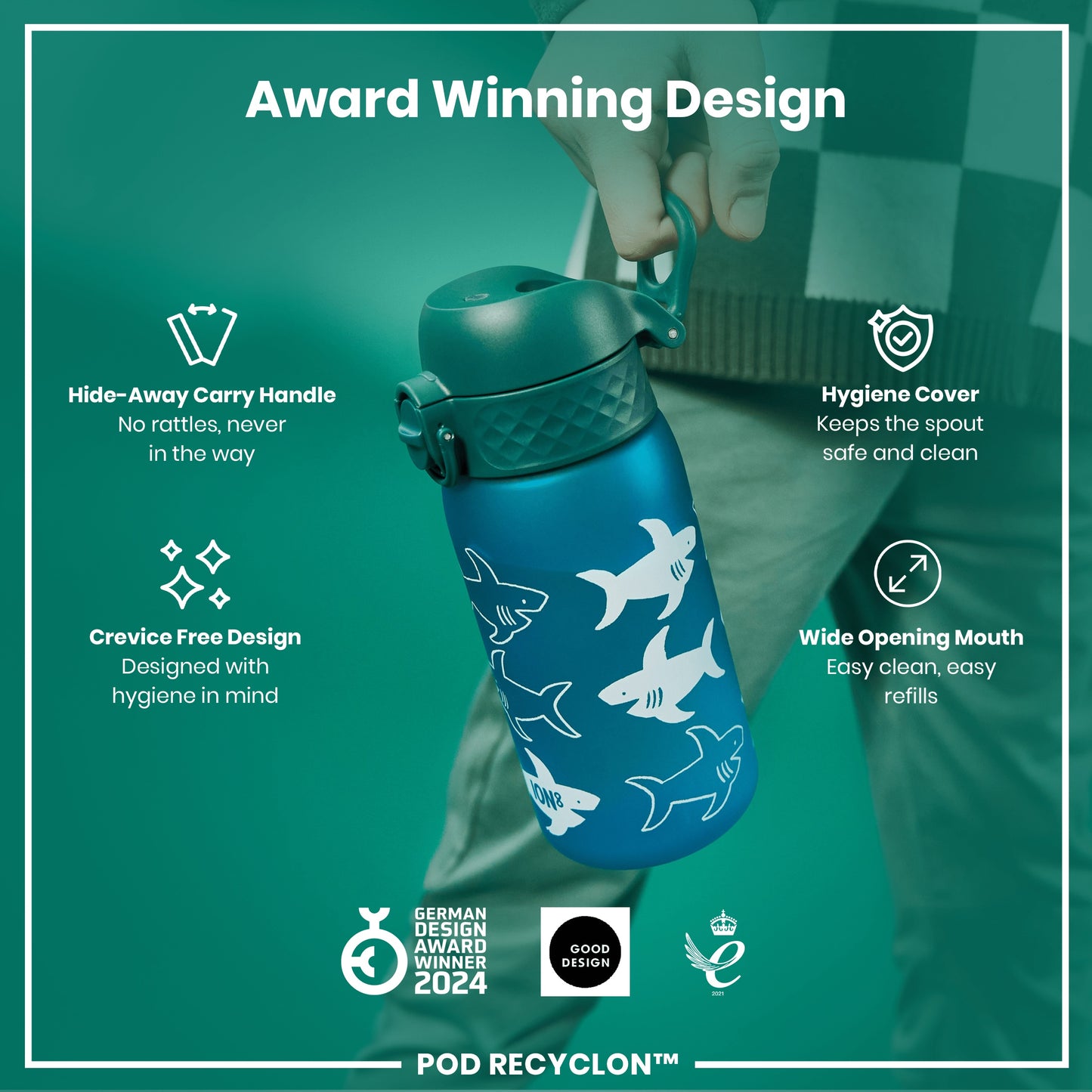 A blue water bottle, with a teal lid and sharks printed on it, is being held. It features a hide-away handle, hygiene cover, and wide mouth. The bottle is an award-winning design.