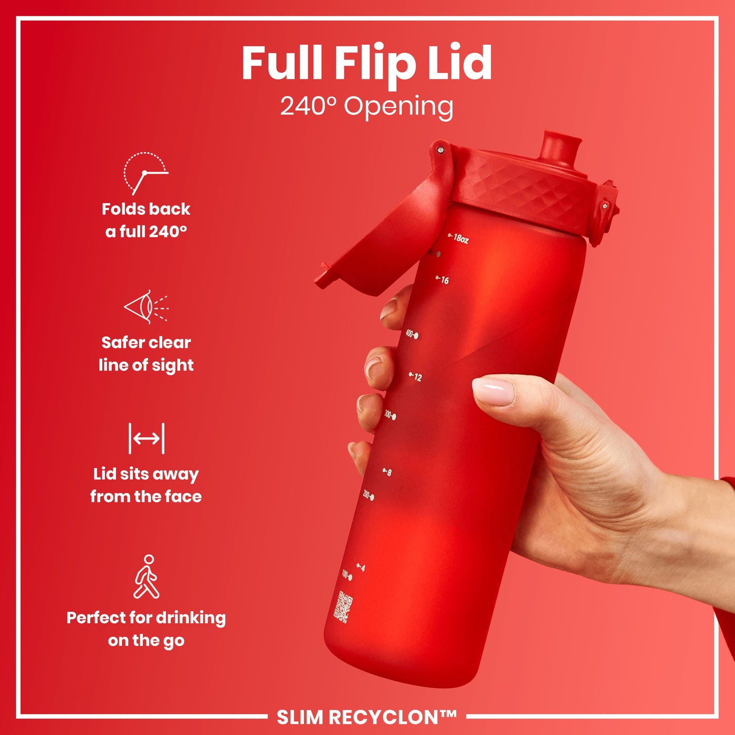 A red water bottle with a flip lid is being held. The lid opens 240 degrees. The bottle is against a red background. SLIM RECYCLON™ is printed on the bottle.