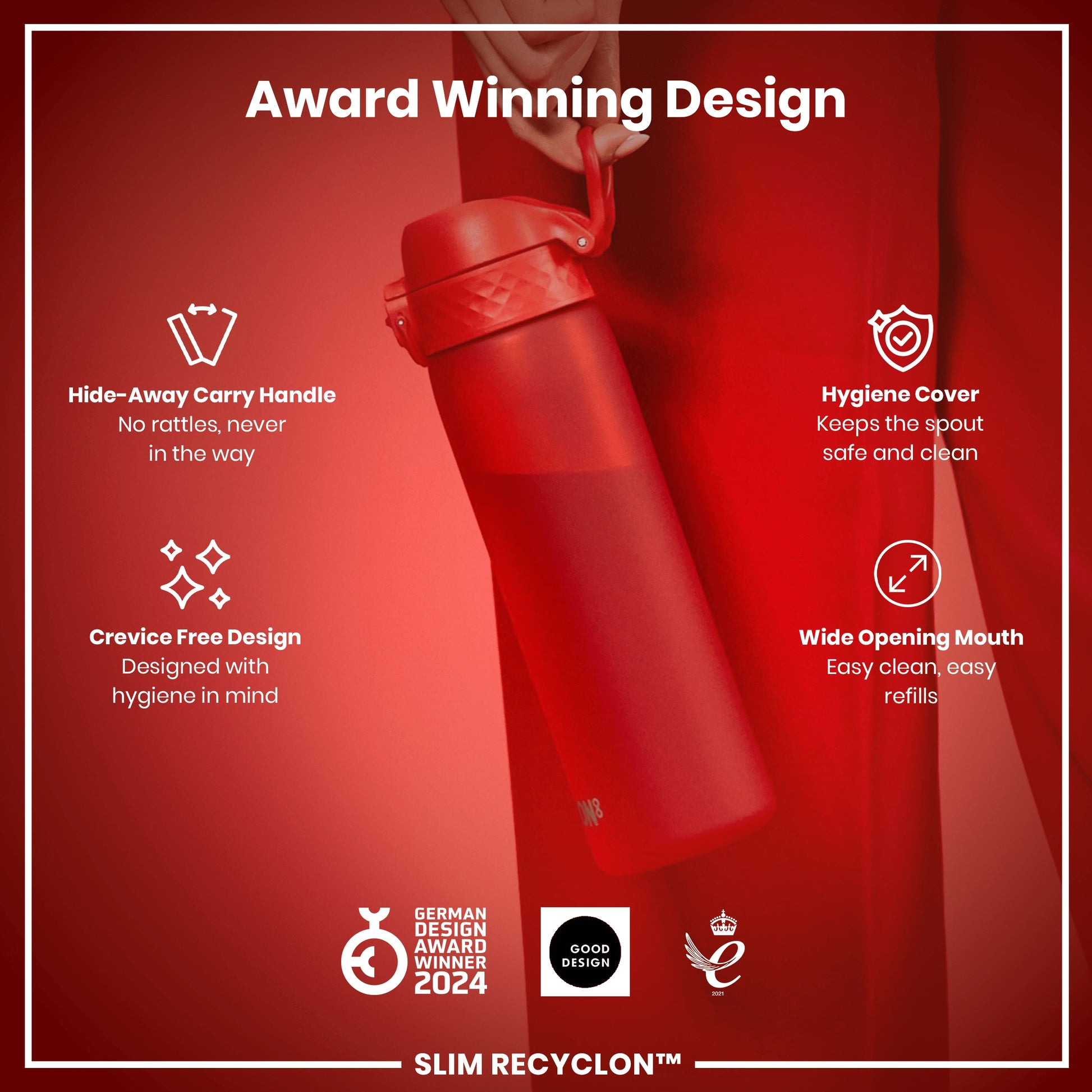 A red water bottle is being held; it features a hide-away handle, hygiene cover, and wide mouth. The bottle is award-winning, designed for hygiene, and labeled "SLIM RECYCLON™".
