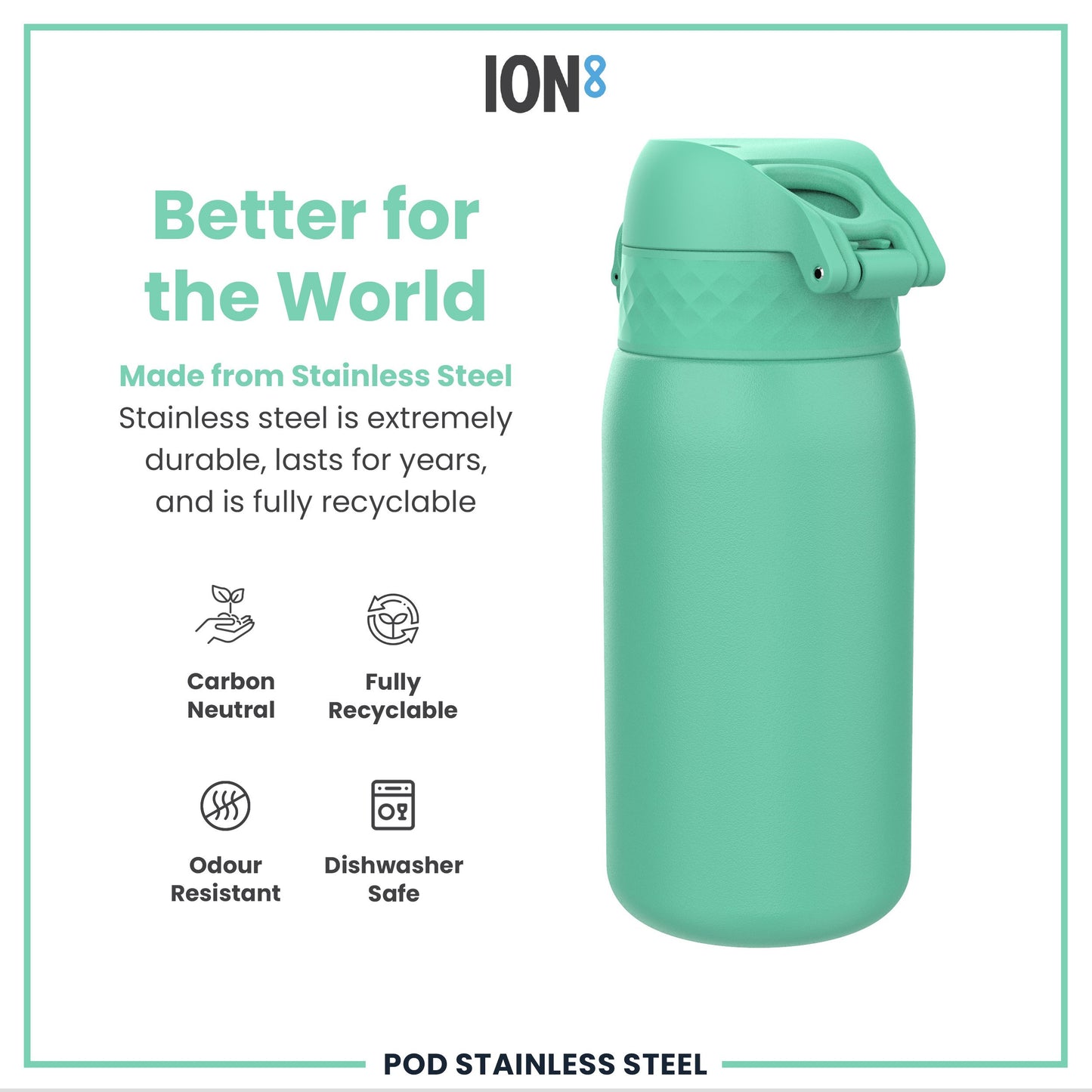 Leak Proof Kids Water Bottle, Stainless Steel, Teal, 400ml (13oz)