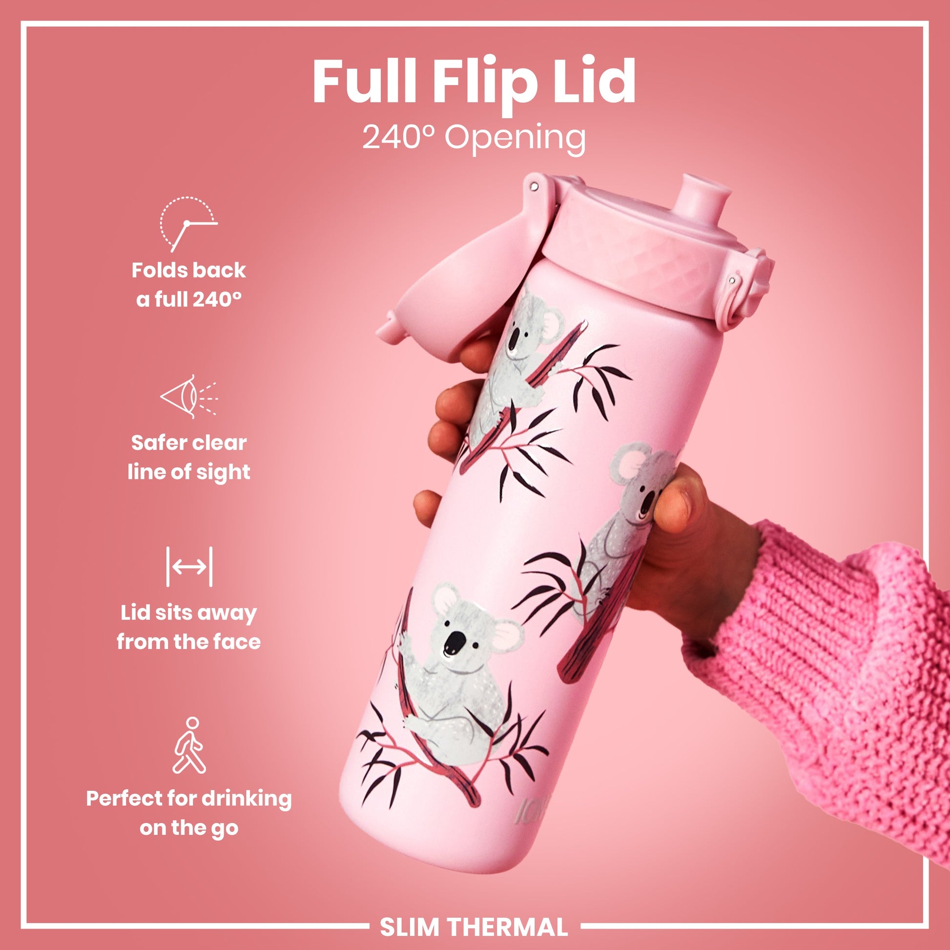 A pink, koala-patterned water bottle with a full flip lid is being held; its 240° opening is shown. The bottle is described as slim and thermal.