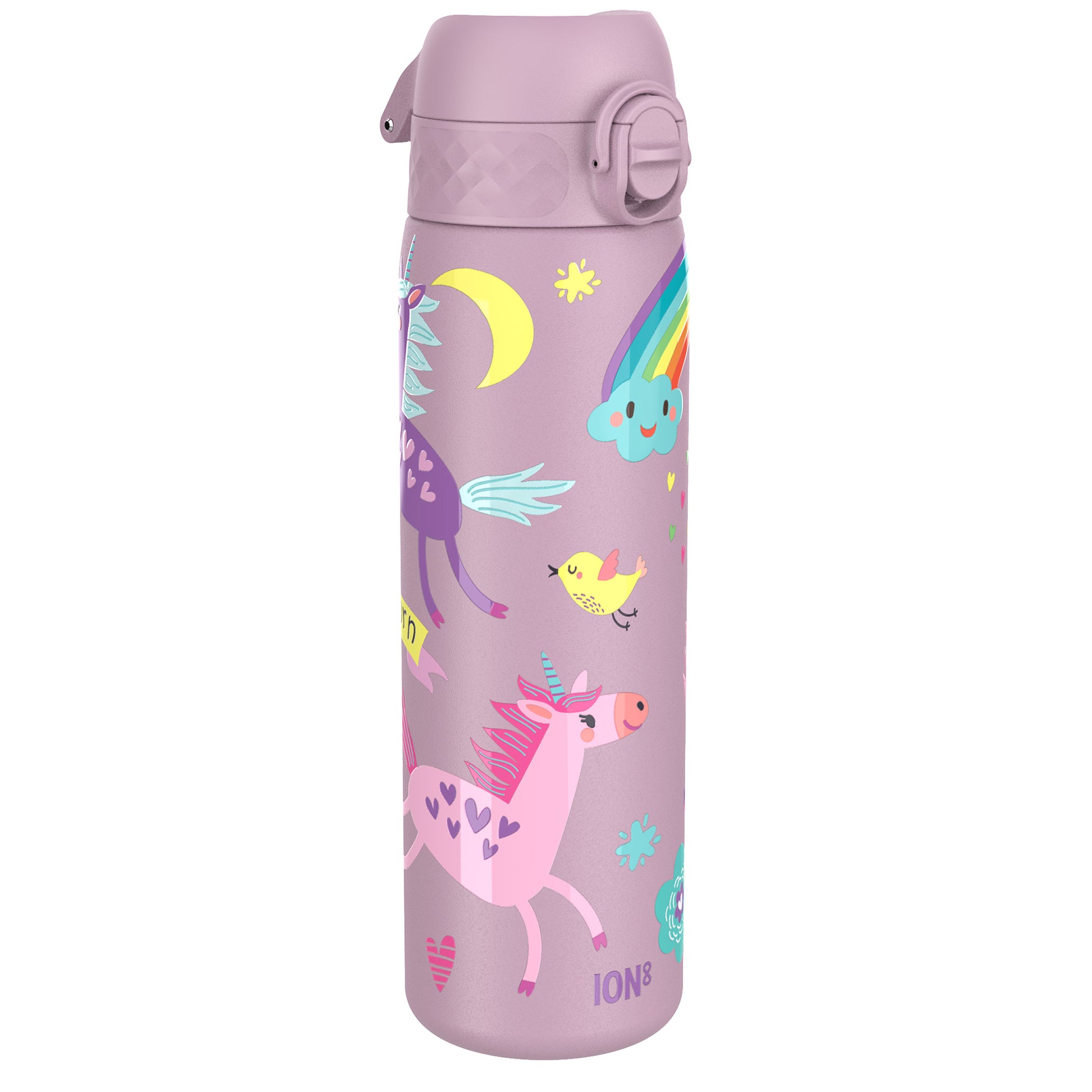 A lavender water bottle, featuring unicorns, rainbows, and a bird, stands upright against a white background. ION8 is printed at the bottom.