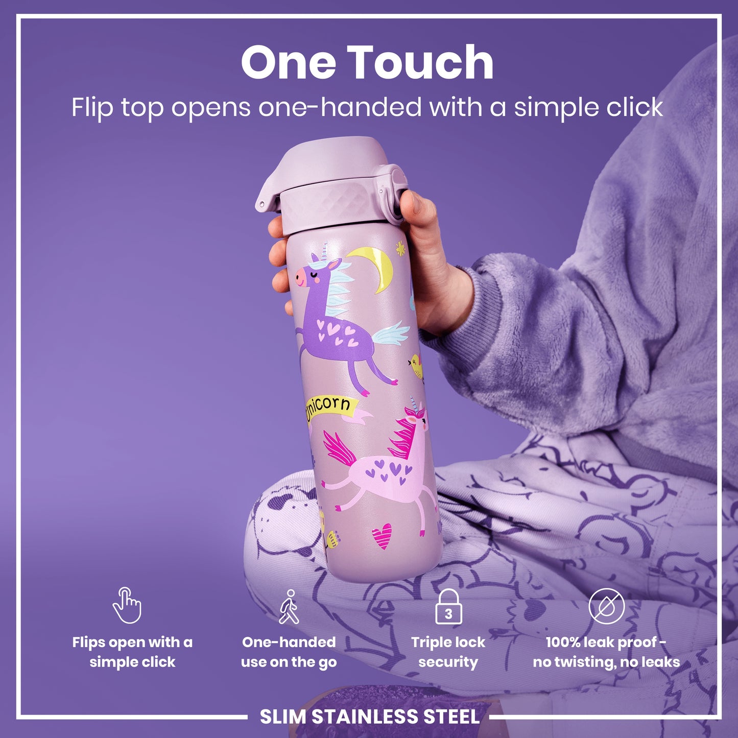A purple, unicorn-decorated water bottle is held; its flip top opens one-handed. The bottle is slim, stainless steel, leakproof, and has triple lock security.