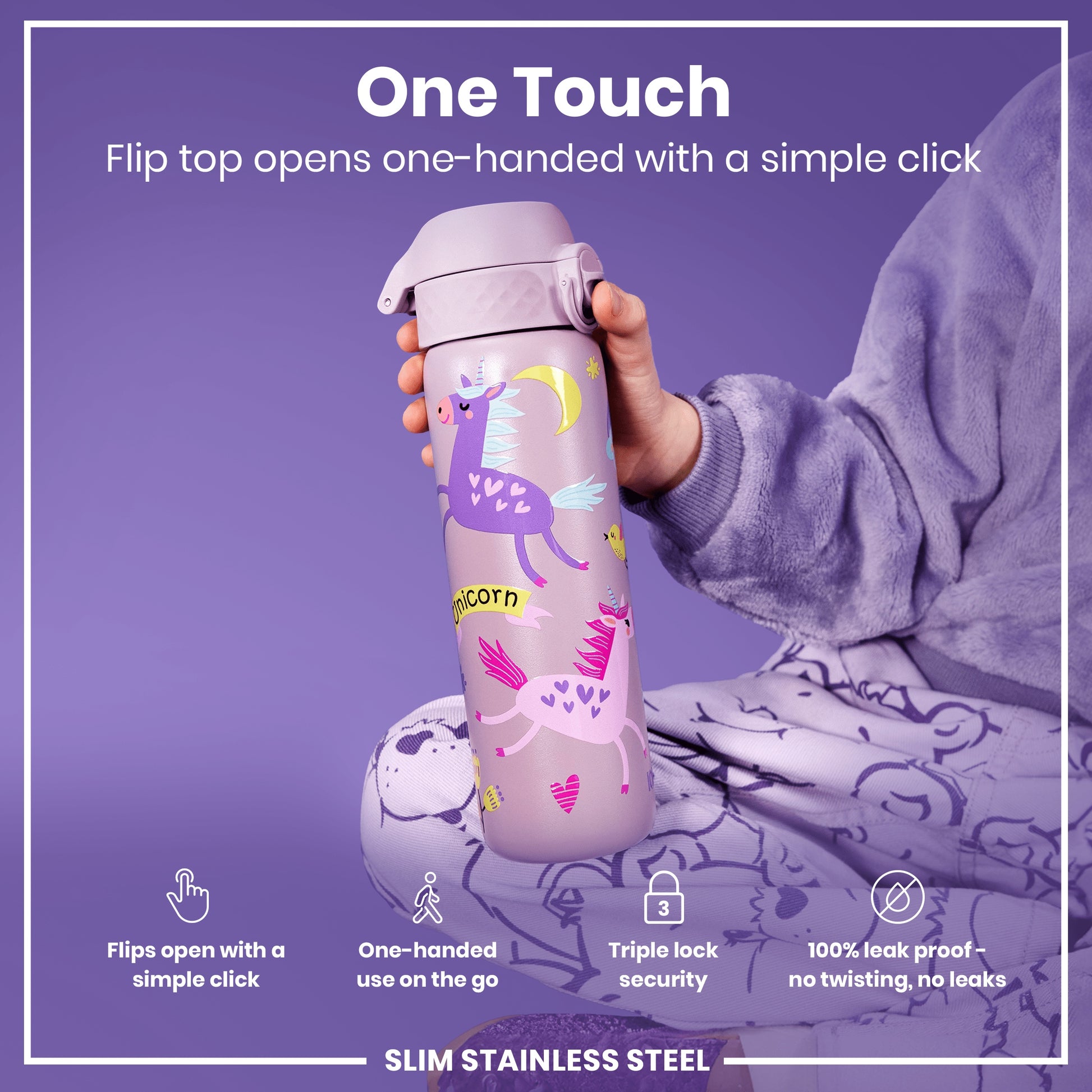 A purple, unicorn-decorated water bottle is held; its flip top opens one-handed. The bottle is slim, stainless steel, leakproof, and has triple lock security.