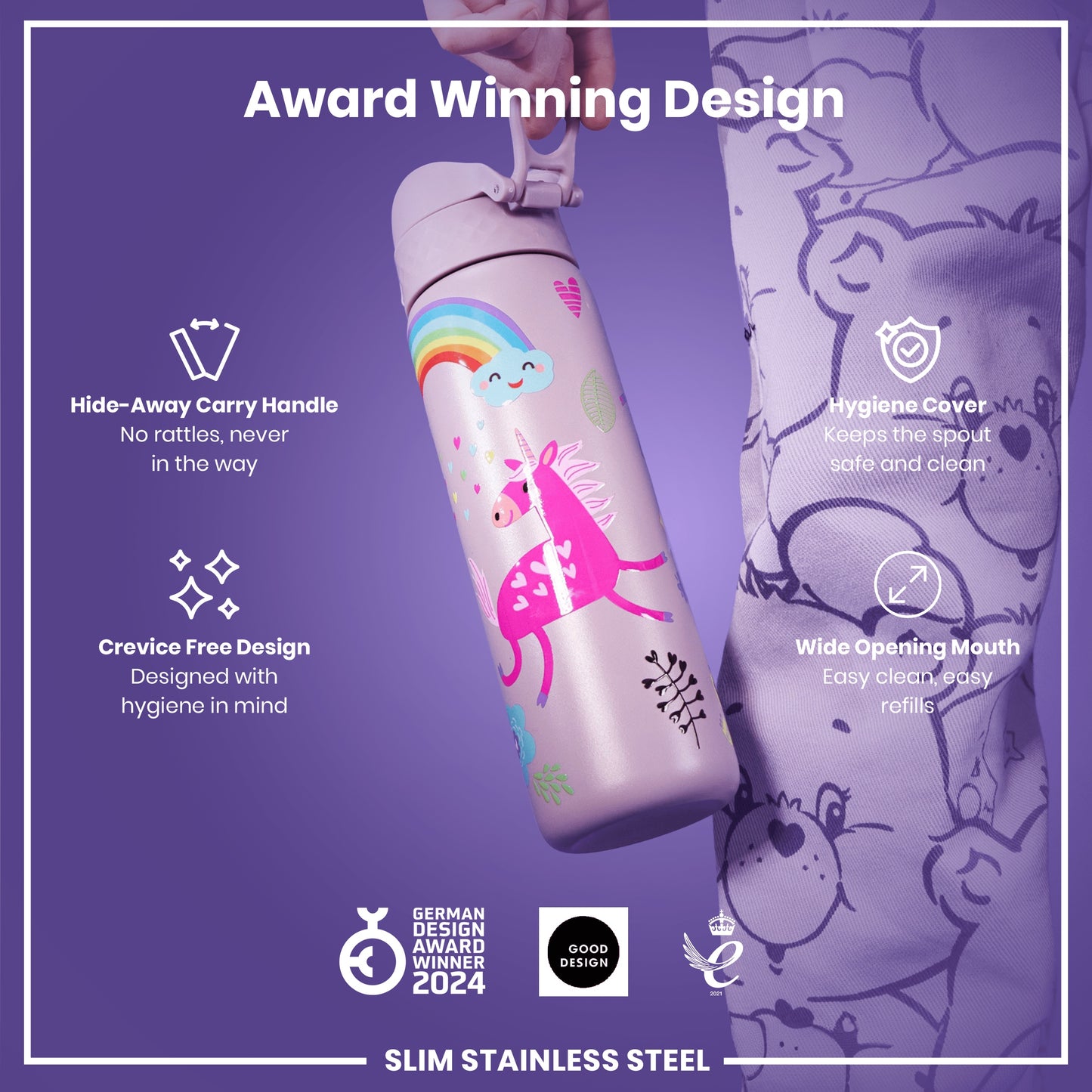 A lavender-colored, slim stainless steel water bottle, featuring a unicorn design, is held against a purple background. The bottle has a hide-away handle, hygiene cover, and wide opening. It's a 2024 German Design Award winner.