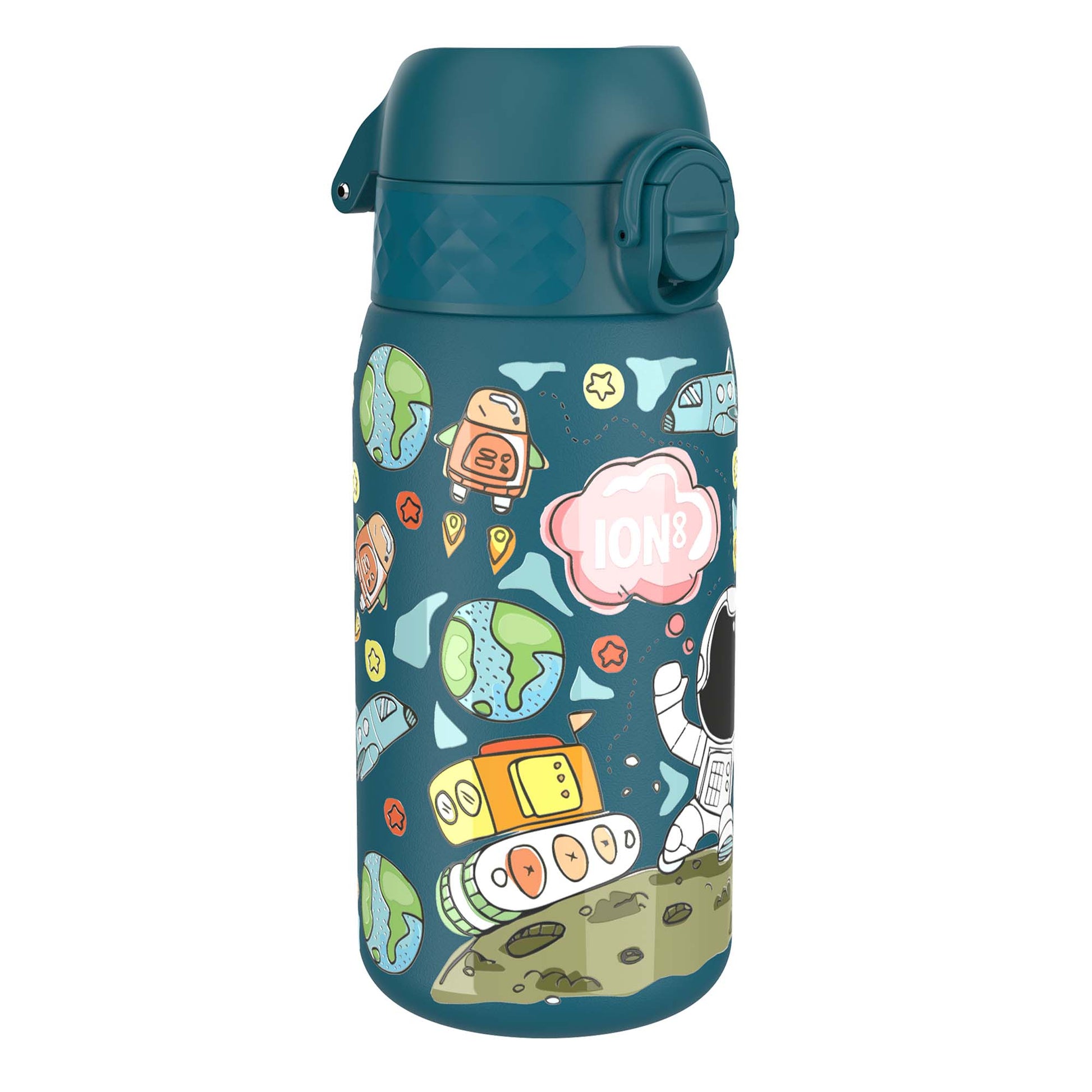 A teal water bottle, featuring a space-themed design, stands on a white background. The bottle displays drawings of planets, astronauts, and spacecraft. The brand name "ION8" is visible on the bottle.