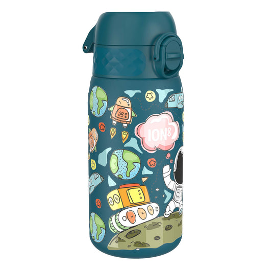 A teal water bottle, featuring a space-themed design, stands on a white background. The bottle displays drawings of planets, astronauts, and spacecraft. The brand name "ION8" is visible on the bottle.