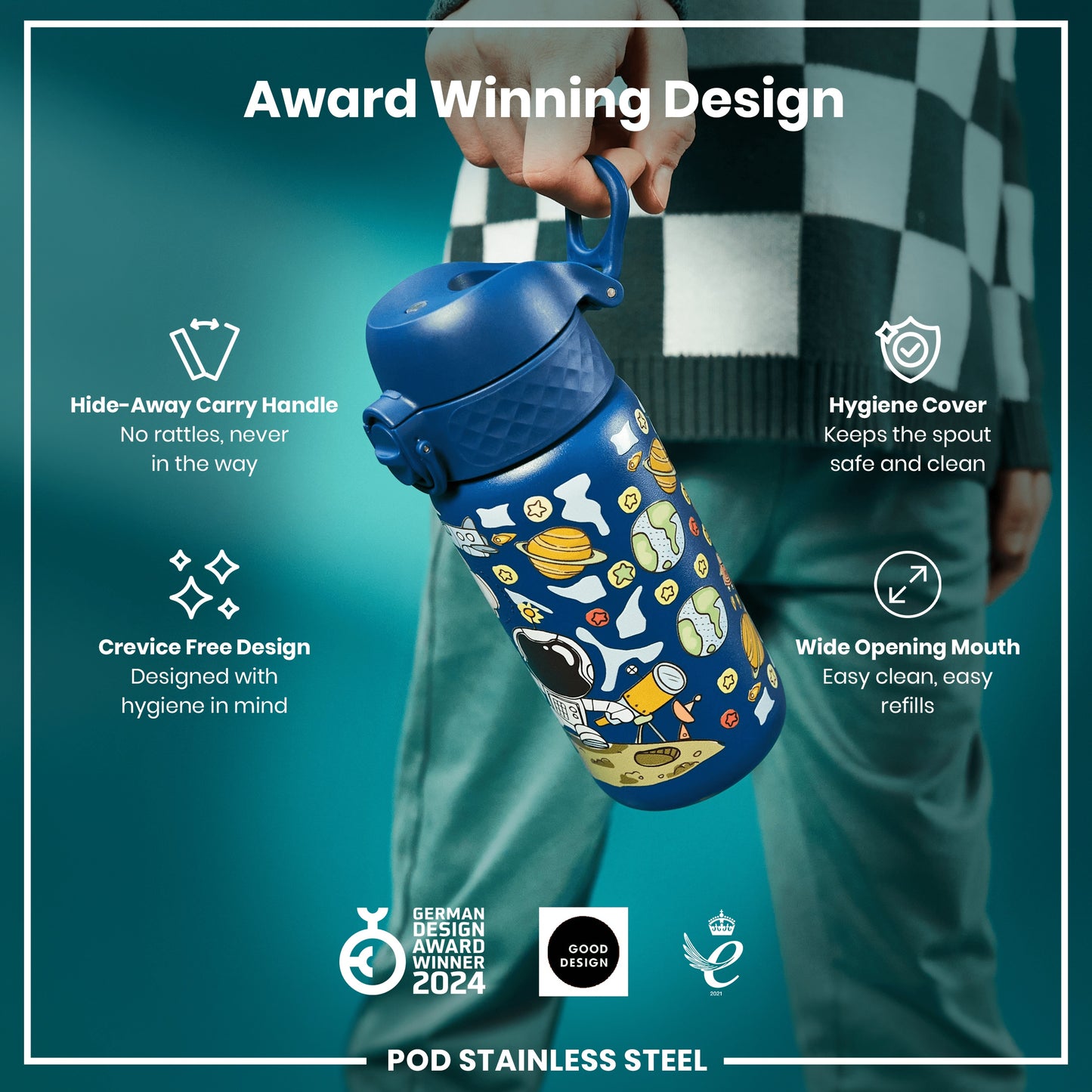 A blue, space-themed water bottle is held; it features a hide-away handle, crevice-free design, hygiene cover, and wide mouth. The bottle is an award-winning design.