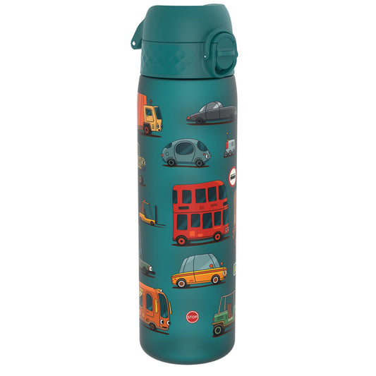 A teal water bottle stands upright, displaying various cartoon vehicles on its surface against a white background. The bottle features a teal lid with a flip-top opening mechanism. A small red circle with the word "STOP" is visible near the bottom.
