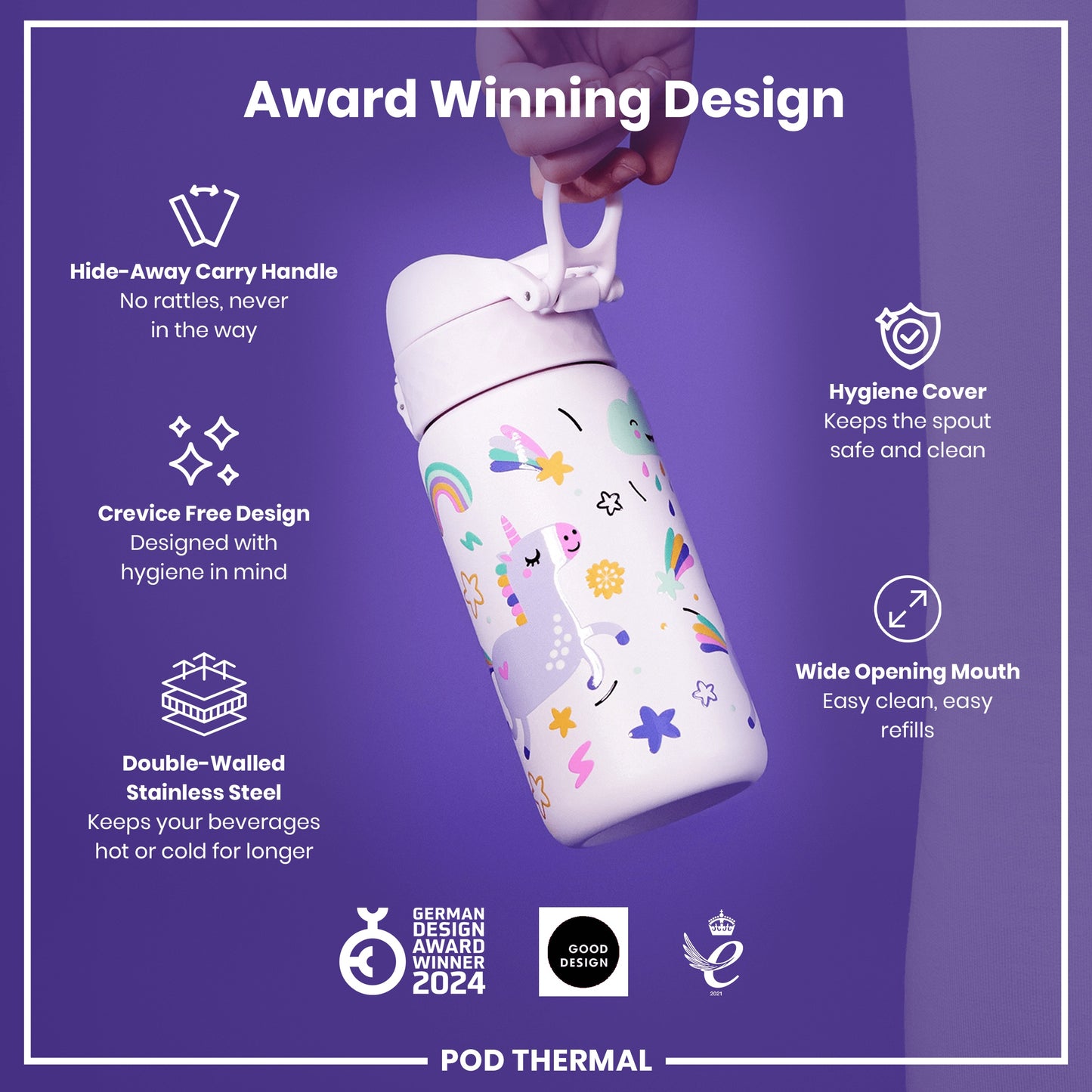 A unicorn-patterned, double-walled stainless steel water bottle is being held against a purple background. The bottle features a hide-away handle and a wide opening for easy cleaning. It's an award-winning design.