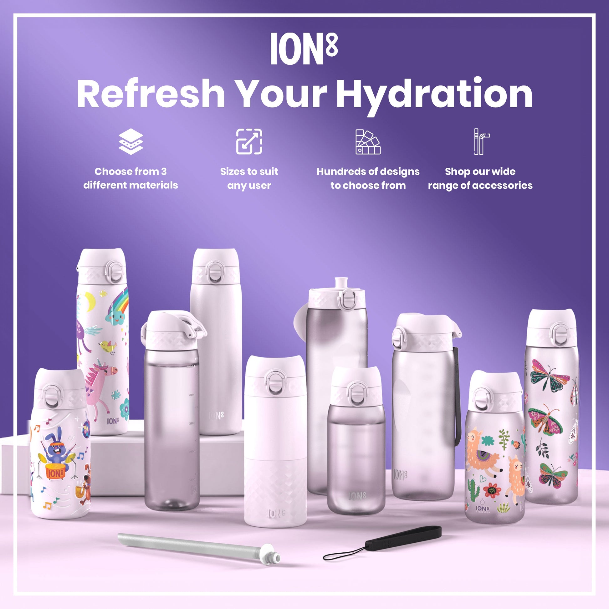 Several water bottles, varying in size and design, are displayed on a purple surface. They feature various colorful patterns. The context promotes ION8 hydration products.