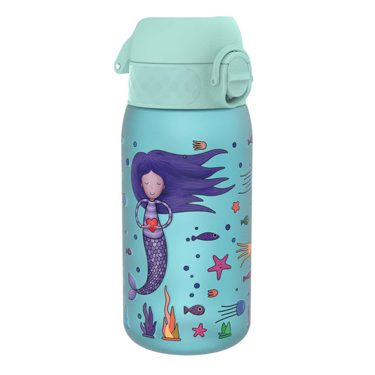 A teal water bottle, featuring a mermaid design, sits against a white background. The bottle has a light teal lid with a flip-top mechanism.