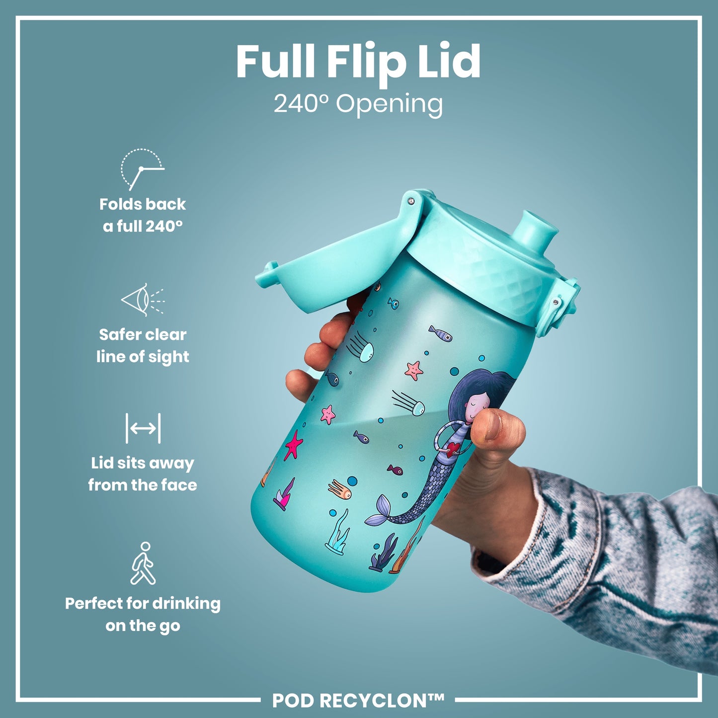 A teal water bottle, featuring a mermaid design, is being held. Its flip lid opens 240 degrees. The bottle is designed for on-the-go drinking. POD RECYCLON™