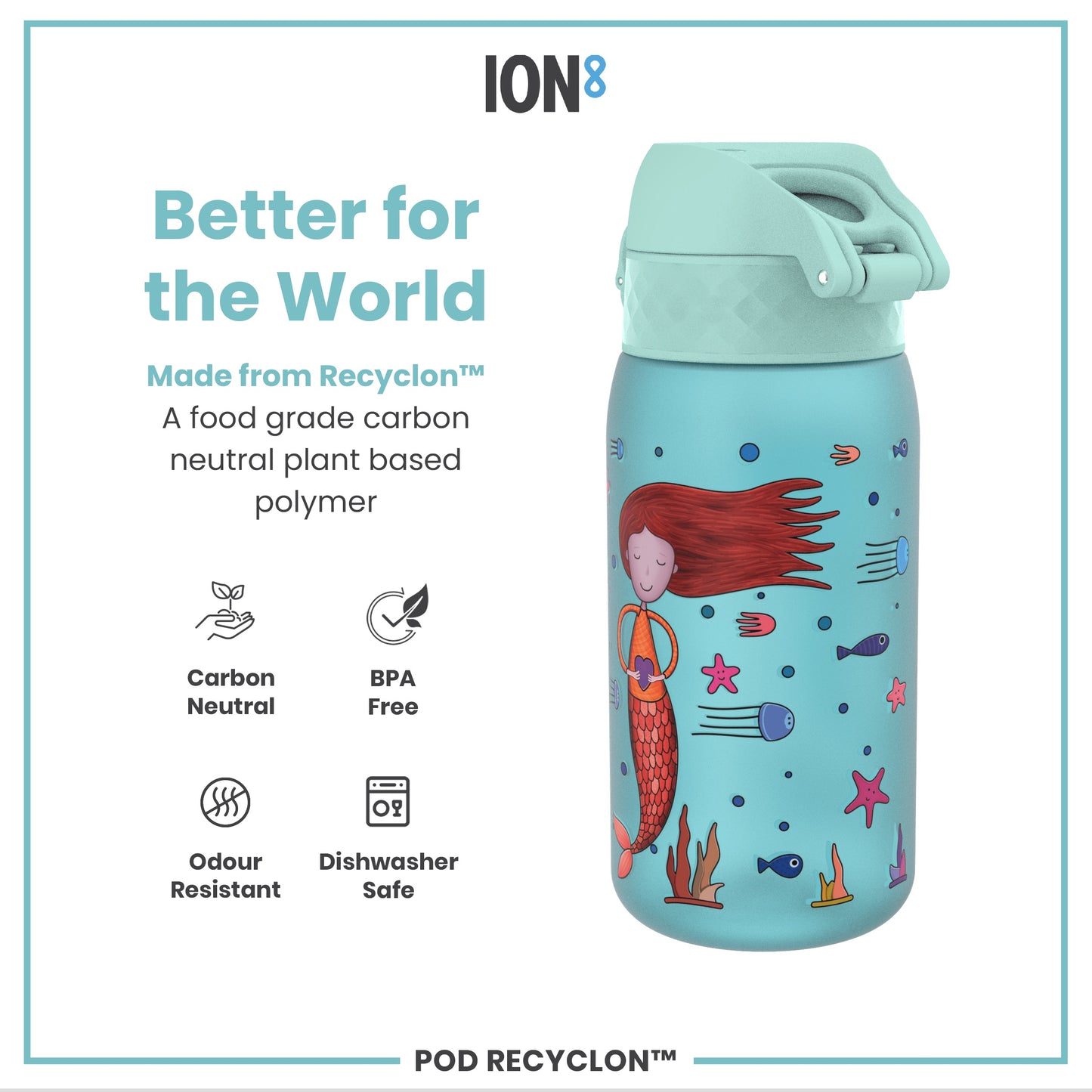 A light-blue water bottle, featuring a mermaid design, sits against a white background; it's made from a plant-based polymer and is BPA free, dishwasher safe, and odour resistant.